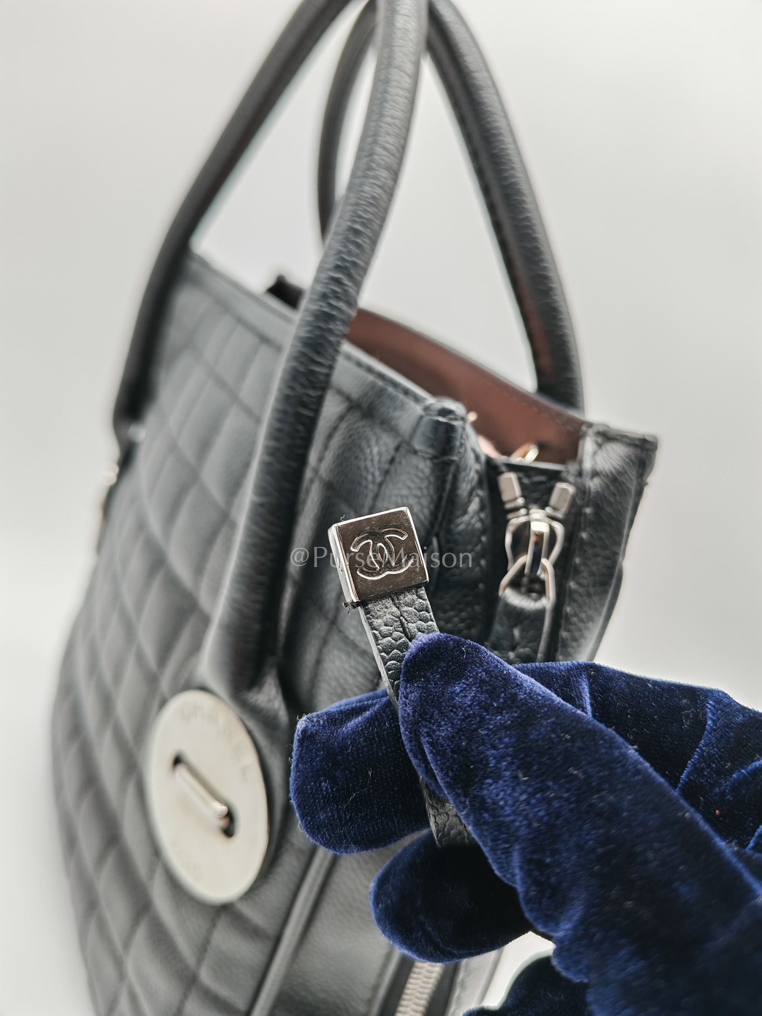 Chanel Button Dome Tote Bag in Black Caviar Leather Silver Hardware (Series 9) | Purse Maison Luxury Bags Shop