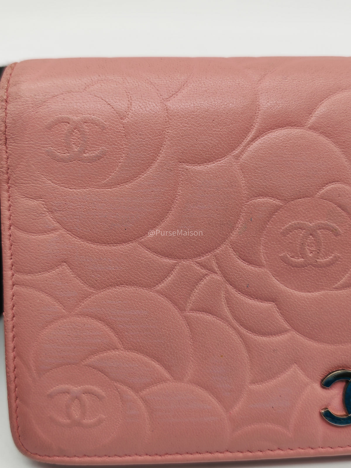 Chanel Camellia Emobossed Long Wallet in Peach Pink Lambskin Leather and Silver Hardware Series 15 | Purse Maison Luxury Bags Shop