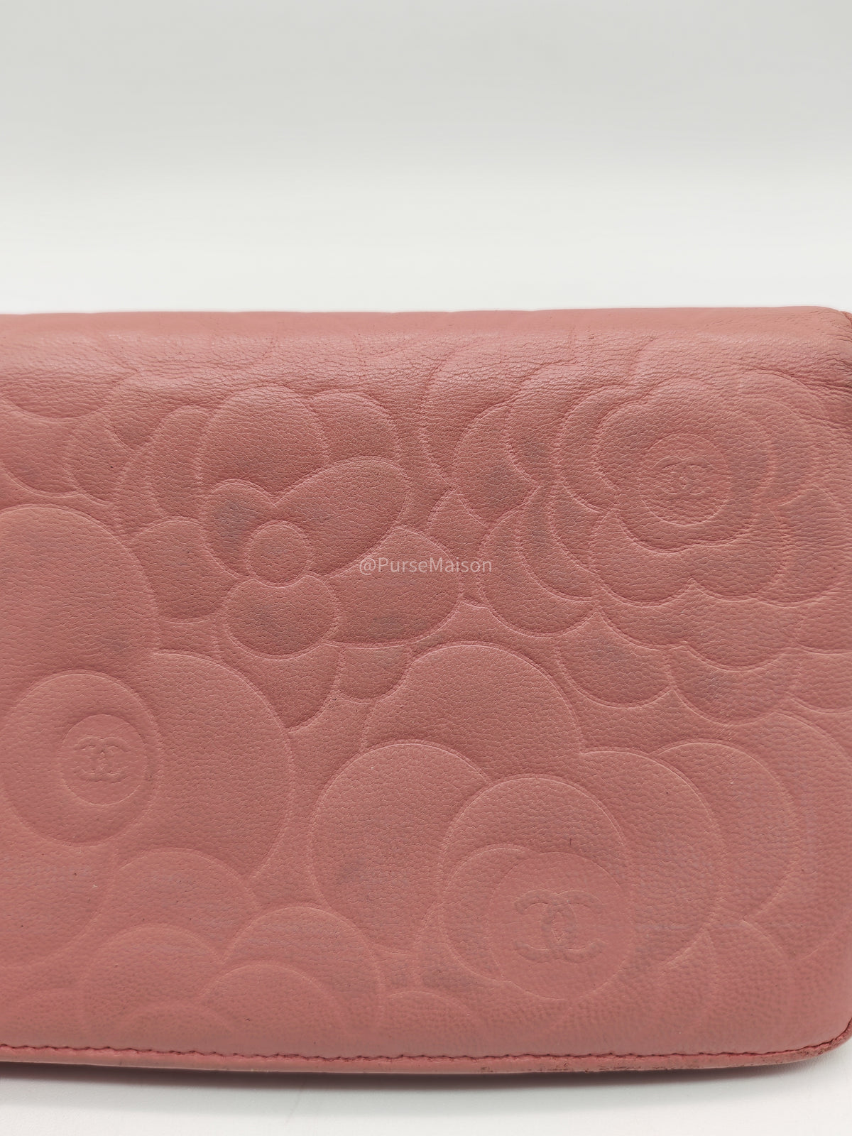 Chanel Camellia Emobossed Long Wallet in Peach Pink Lambskin Leather and Silver Hardware Series 15 | Purse Maison Luxury Bags Shop