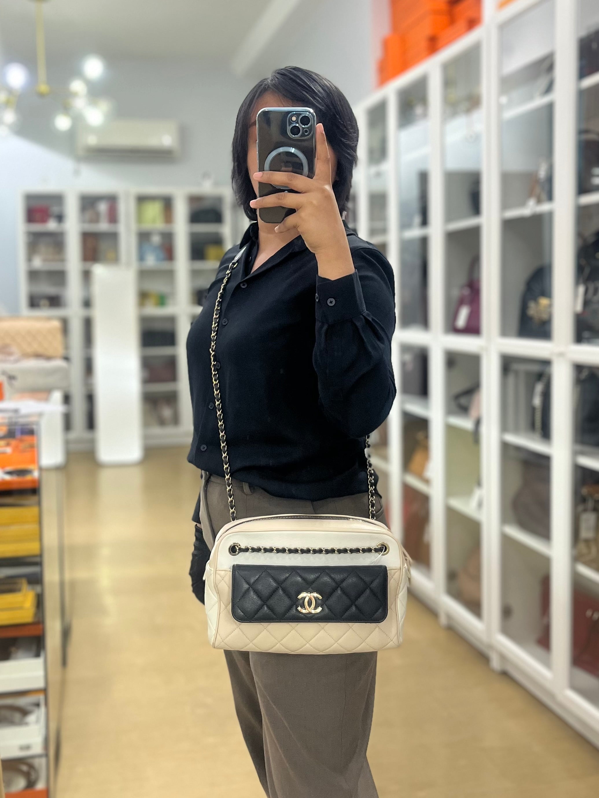 Chanel Camera Case Bag in Tricolor Beige/White/Black Quilted Goatskin Leather & Light Gold Hardware Series 29 | Purse Maison Luxury Bags Shop