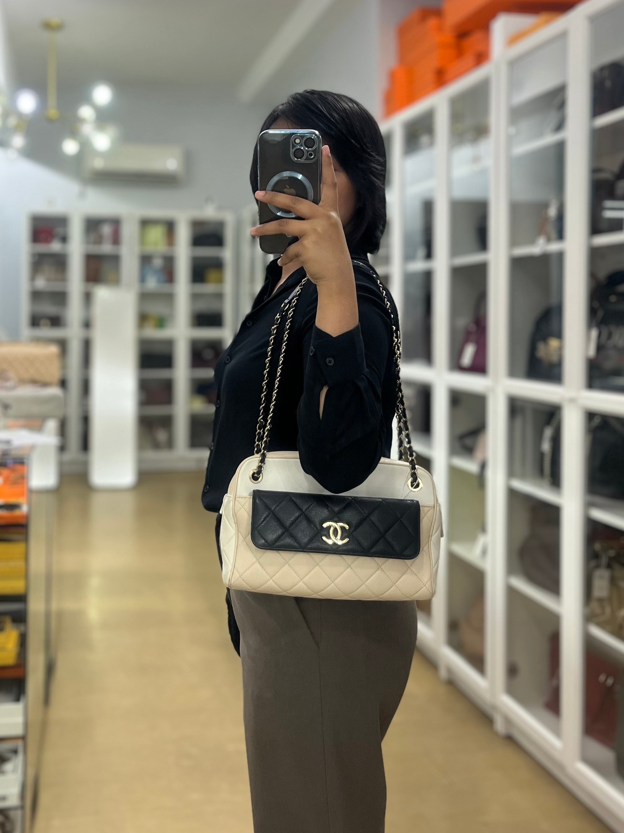 Chanel Camera Case Bag in Tricolor Beige/White/Black Quilted Goatskin Leather & Light Gold Hardware Series 29 | Purse Maison Luxury Bags Shop