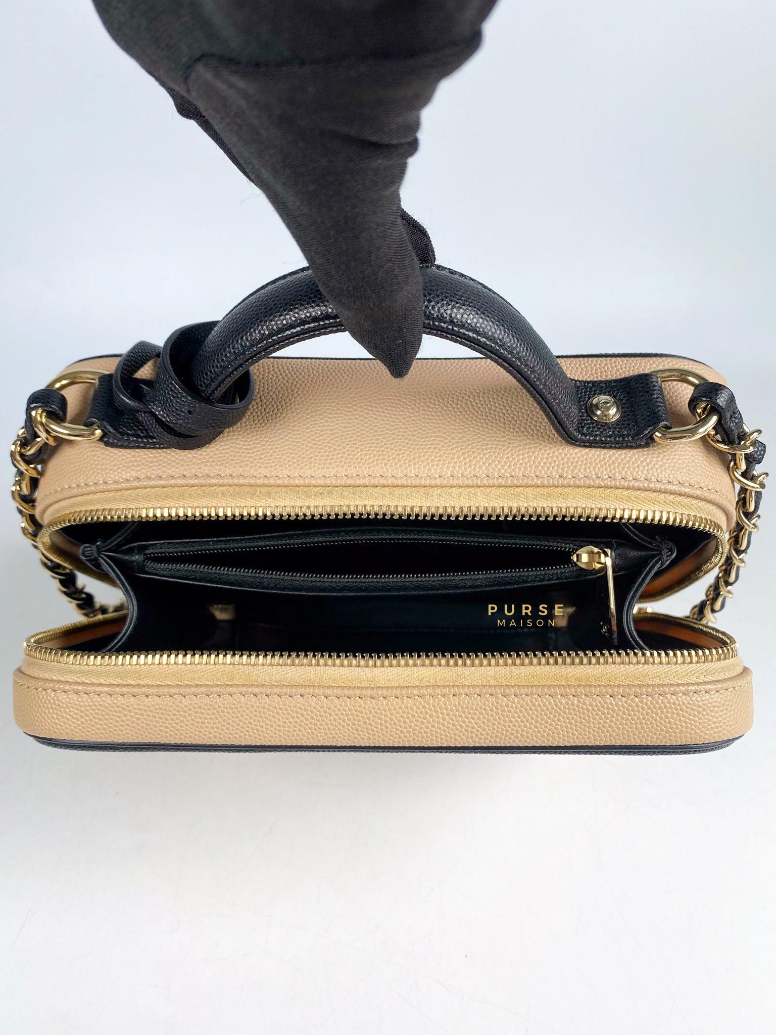 Chanel CC Filigree Medium Vanity Bag Beige/Black Caviar Leather in Light Gold Hardware Series 29