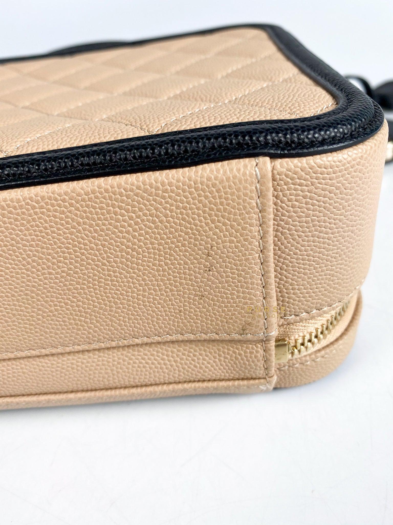 Chanel CC Filigree Medium Vanity Bag Beige/Black Caviar Leather in Light Gold Hardware Series 29