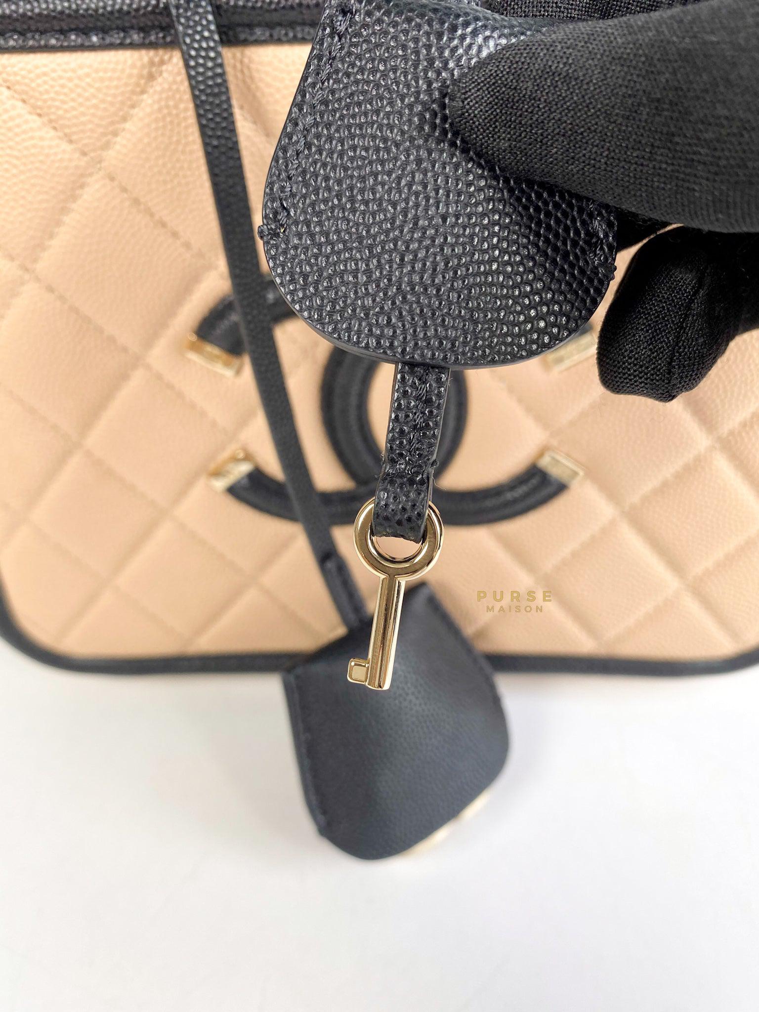 Chanel CC Filigree Medium Vanity Bag Beige/Black Caviar Leather in Light Gold Hardware Series 29