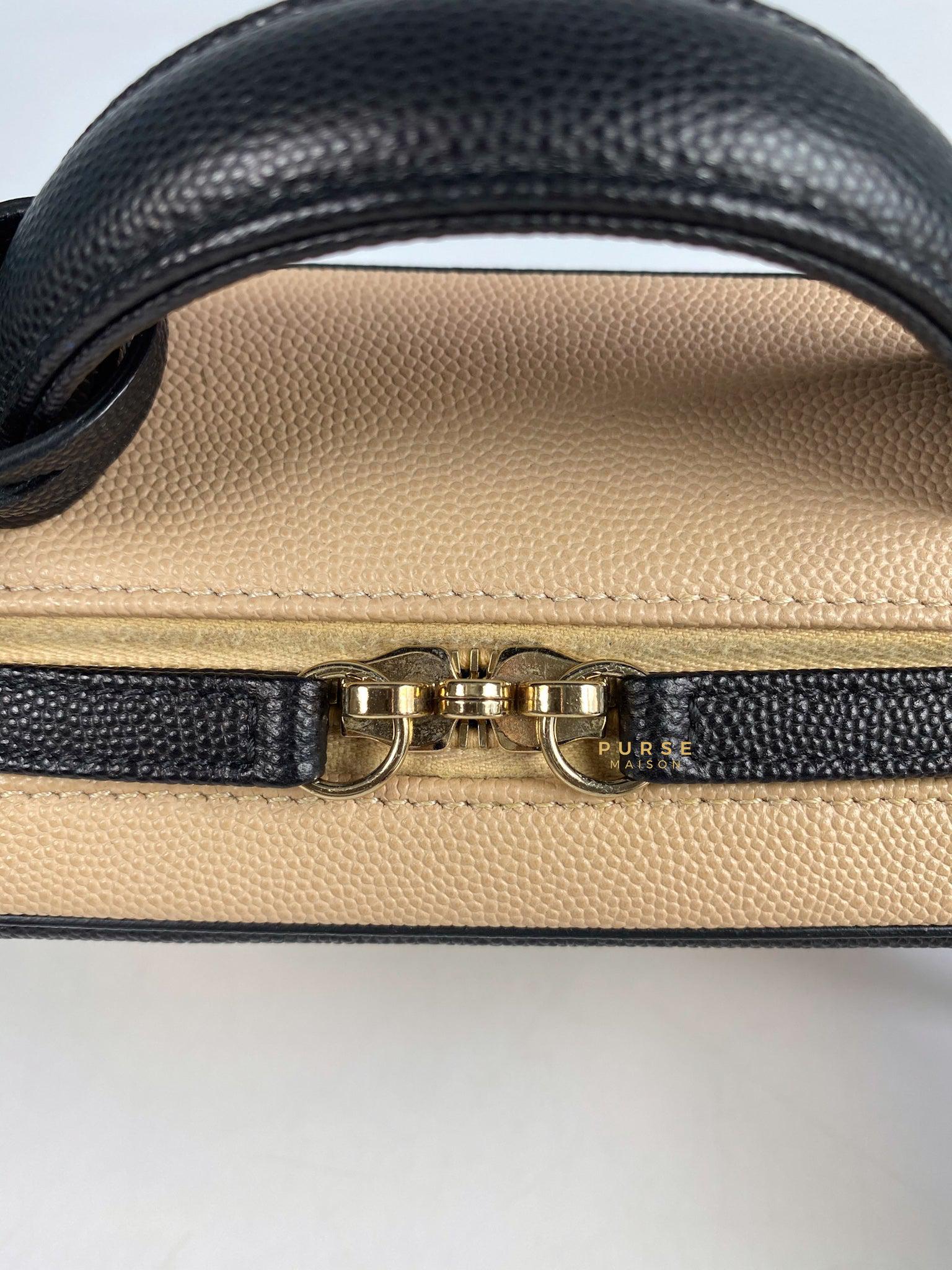 Chanel CC Filigree Medium Vanity Bag Beige/Black Caviar Leather in Light Gold Hardware Series 29