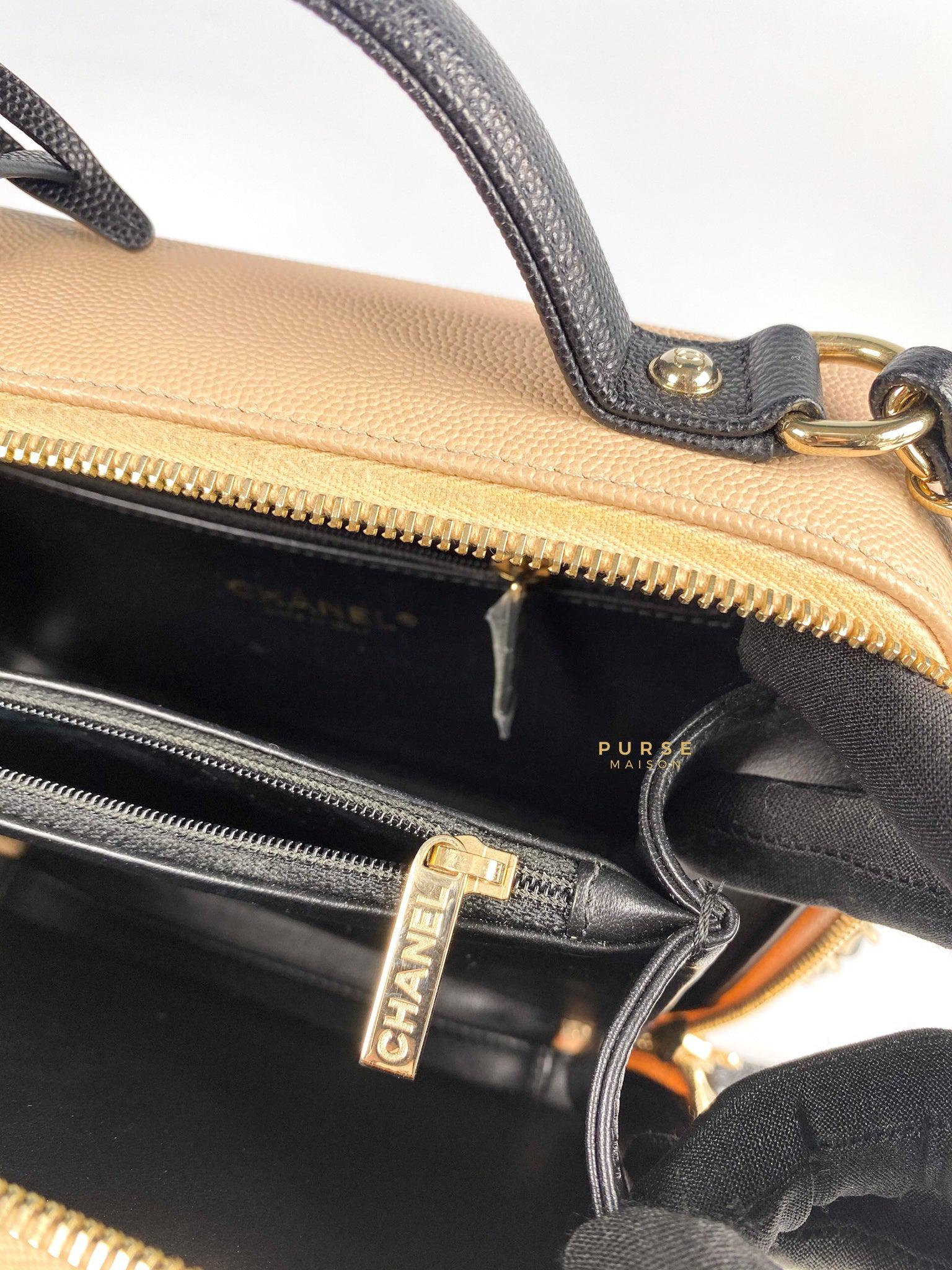 Chanel CC Filigree Medium Vanity Bag Beige/Black Caviar Leather in Light Gold Hardware Series 29