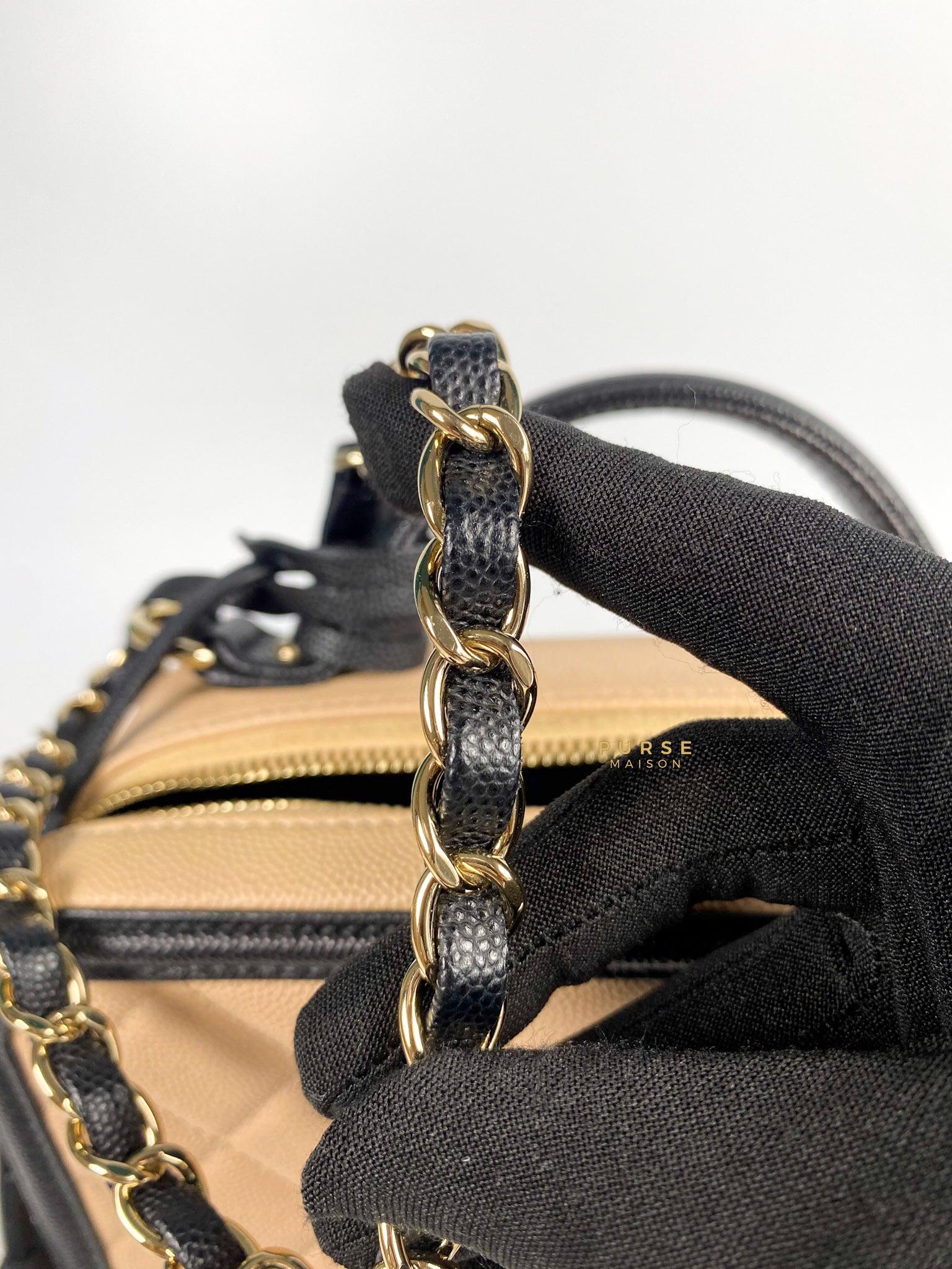 Chanel CC Filigree Medium Vanity Bag Beige/Black Caviar Leather in Light Gold Hardware Series 29