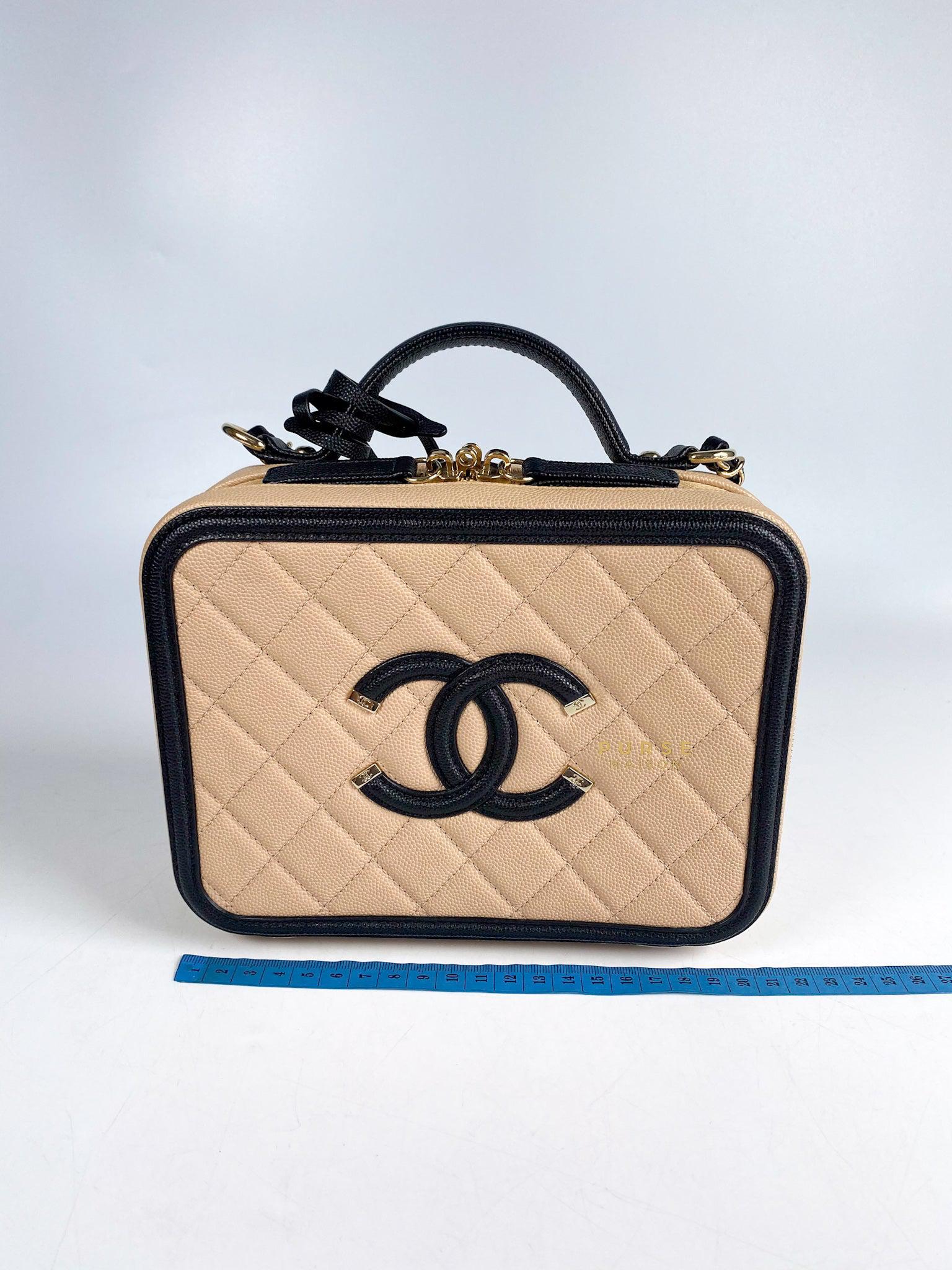 Chanel CC Filigree Medium Vanity Bag Beige/Black Caviar Leather in Light Gold Hardware Series 29