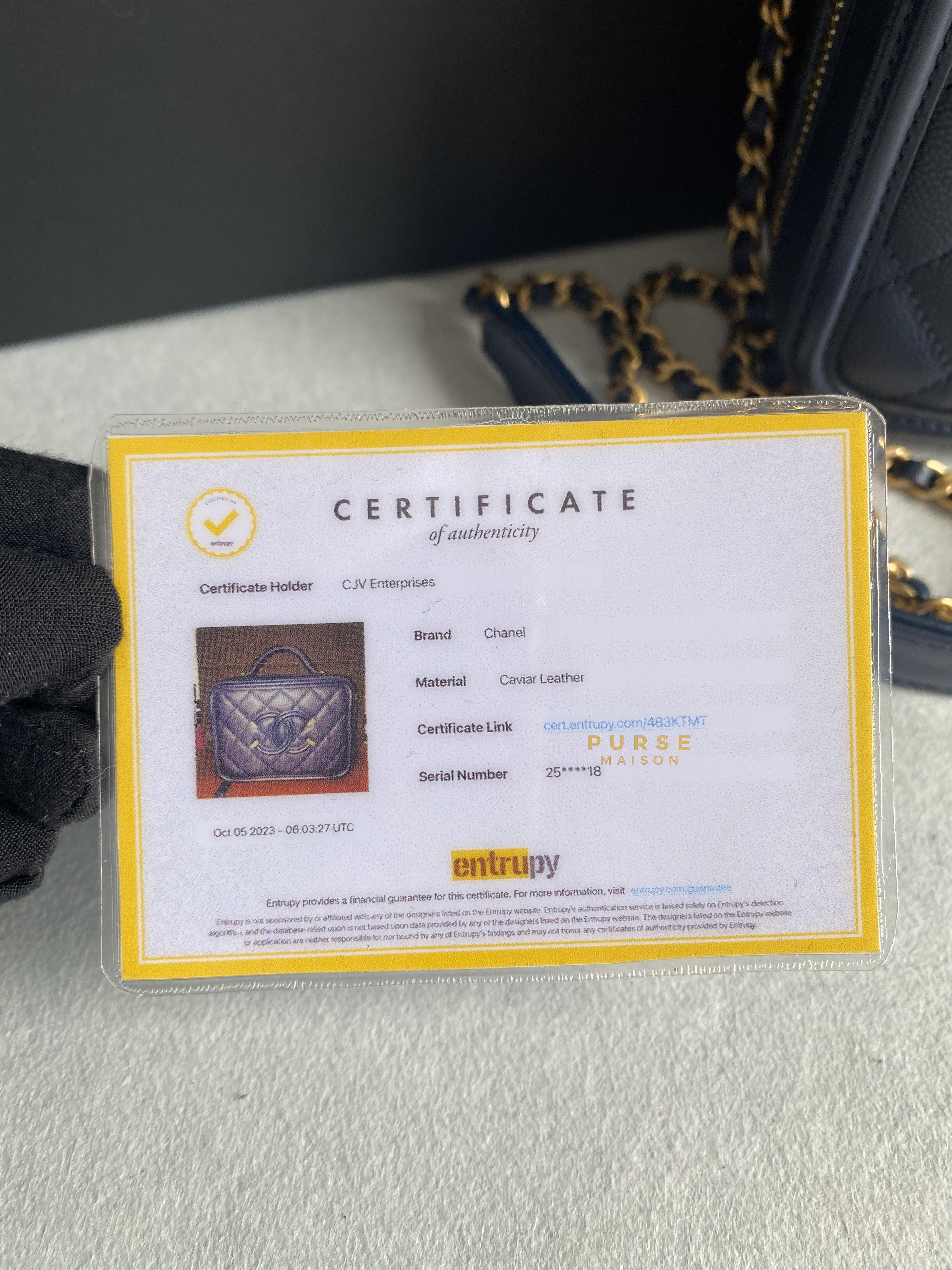 Chanel CC Filigree Small Vanity Navy Blue Caviar Leather in Aged Gold Hardware Series 25 | Purse Maison Luxury Bags Shop