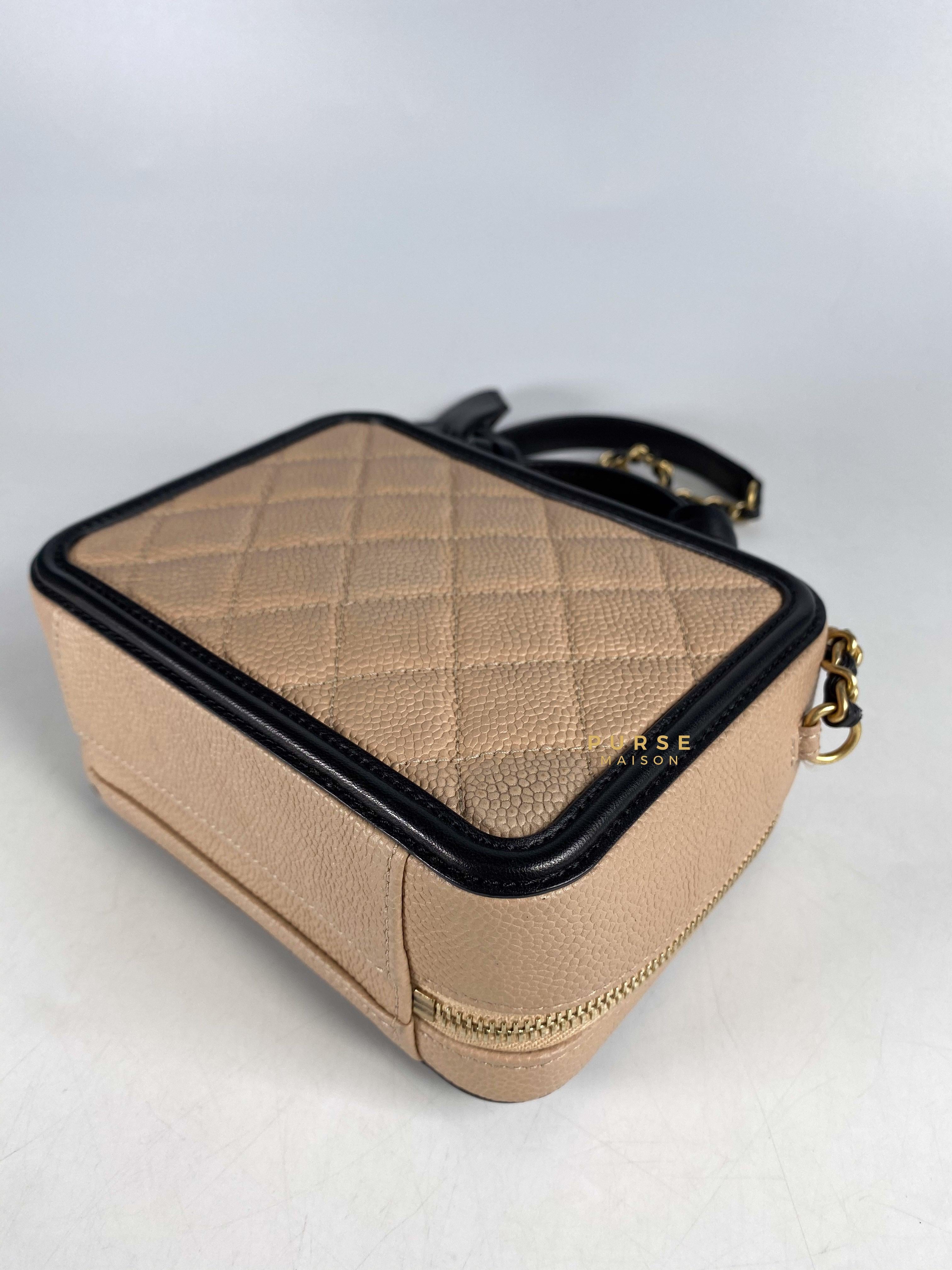 Chanel CC Filigree Vanity Bag Small Beige Caviar and Aged Gold Hardware Series 24 | Purse Maison Luxury Bags Shop