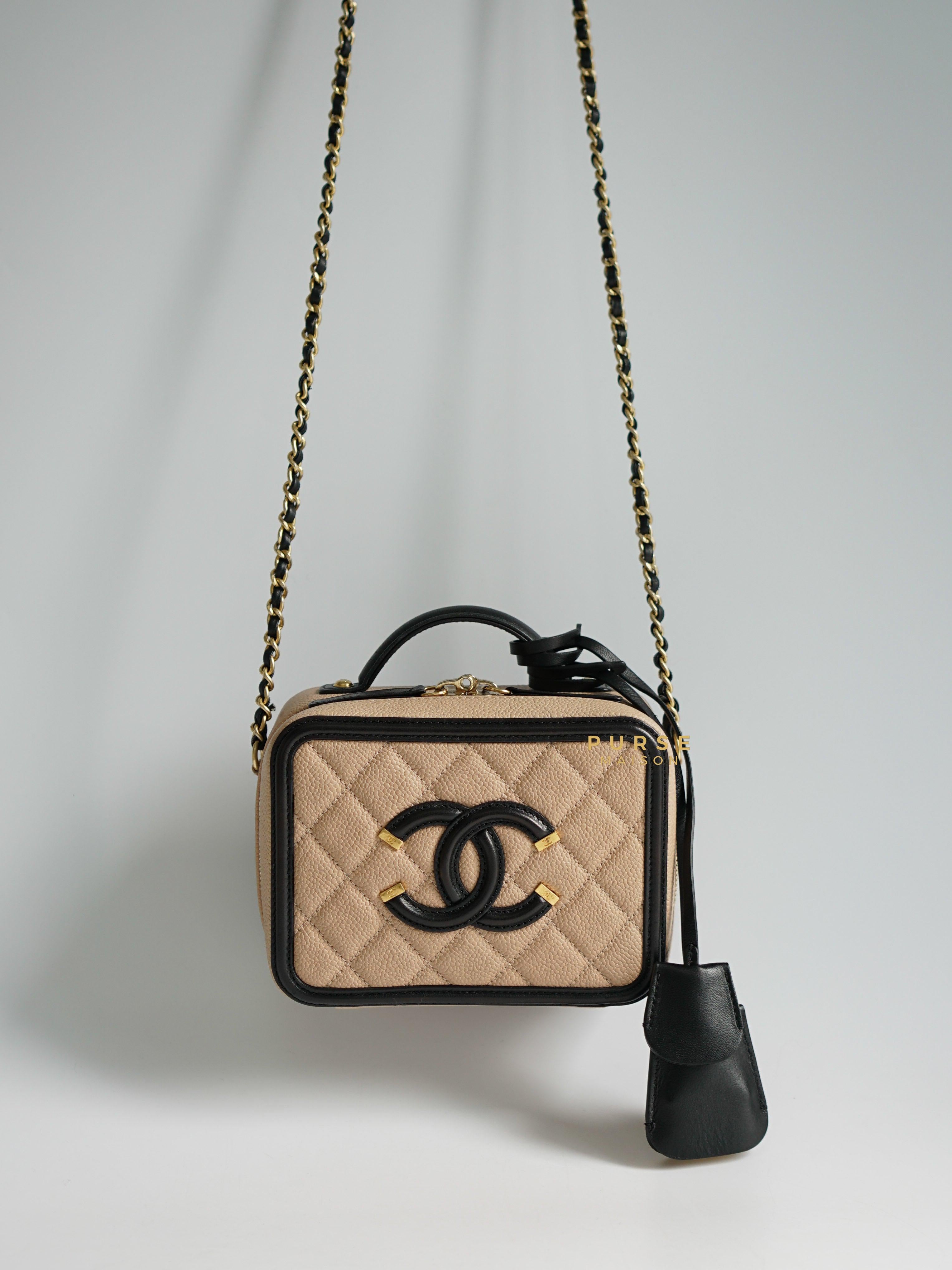 Chanel CC Filigree Vanity Bag Small Beige Caviar and Aged Gold Hardware Series 24 | Purse Maison Luxury Bags Shop