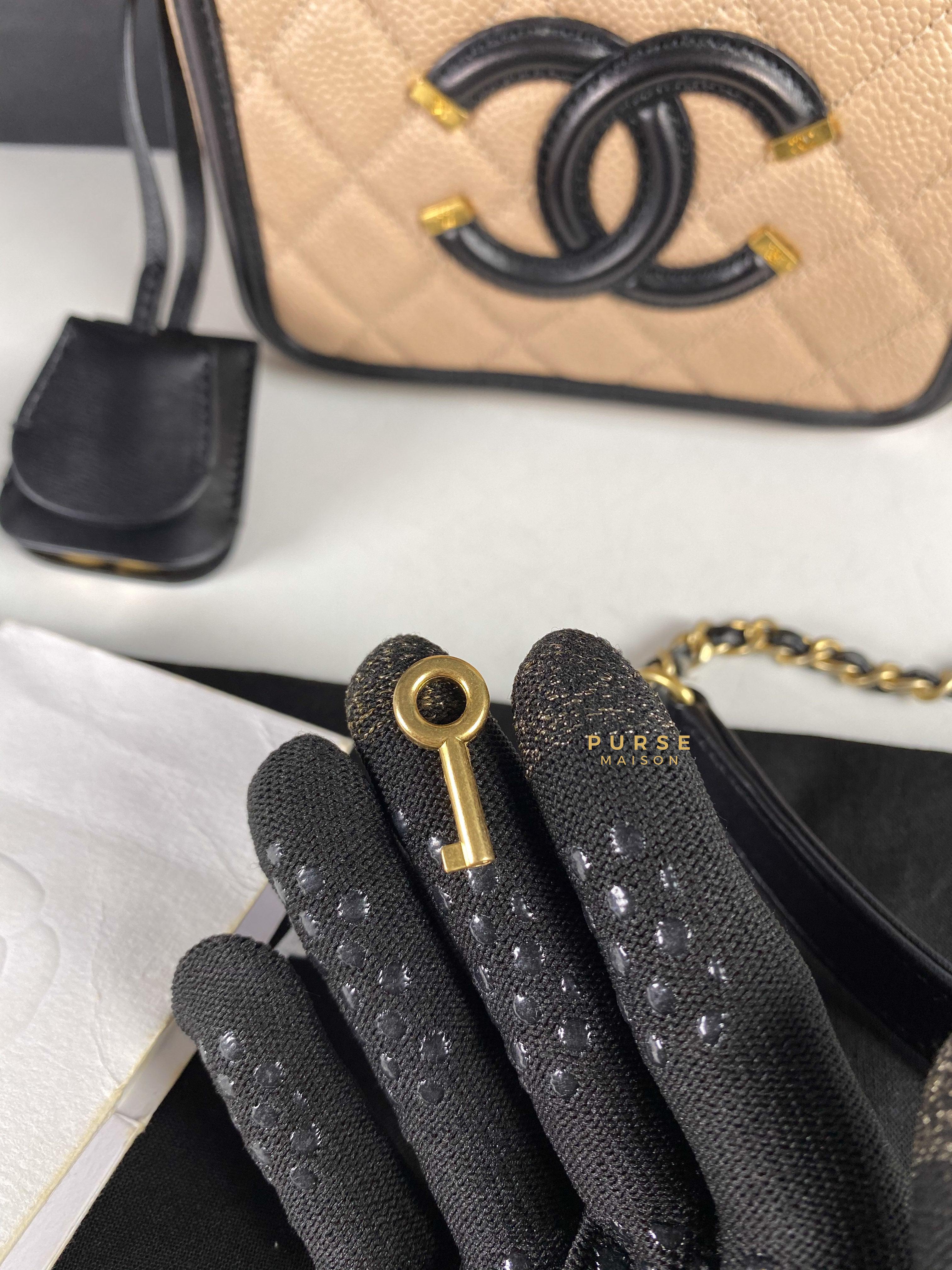 Chanel CC Filigree Vanity Bag Small Beige Caviar and Aged Gold Hardware Series 24 | Purse Maison Luxury Bags Shop
