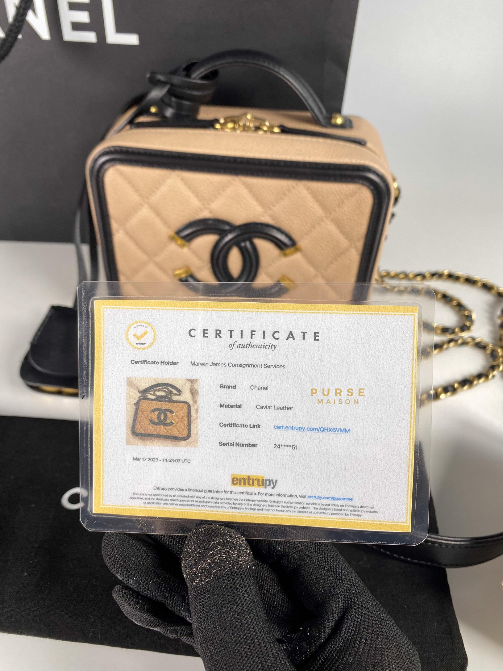 Chanel CC Filigree Vanity Bag Small Beige Caviar and Aged Gold Hardware Series 24 | Purse Maison Luxury Bags Shop