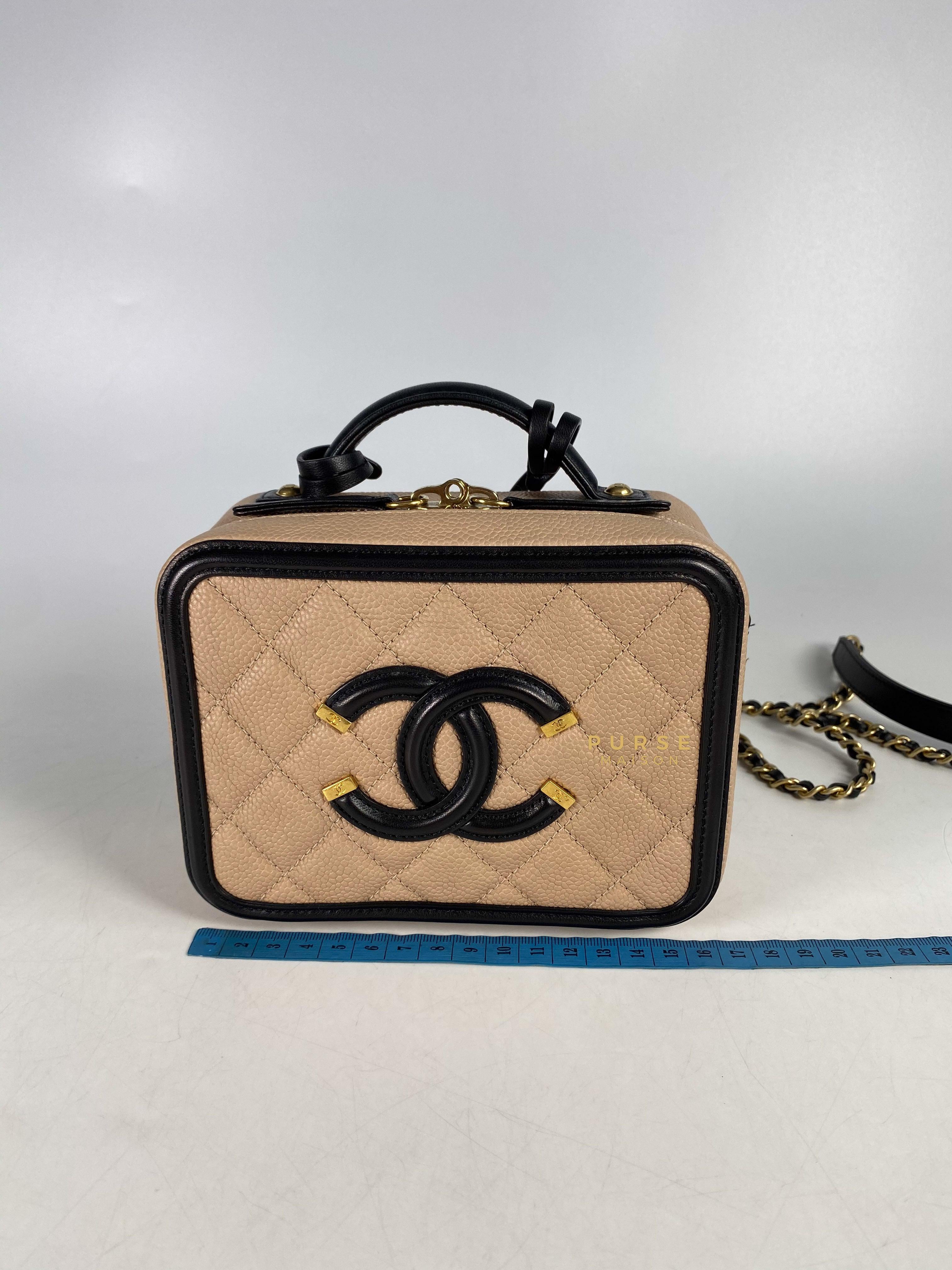 Chanel CC Filigree Vanity Bag Small Beige Caviar and Aged Gold Hardware Series 24 | Purse Maison Luxury Bags Shop