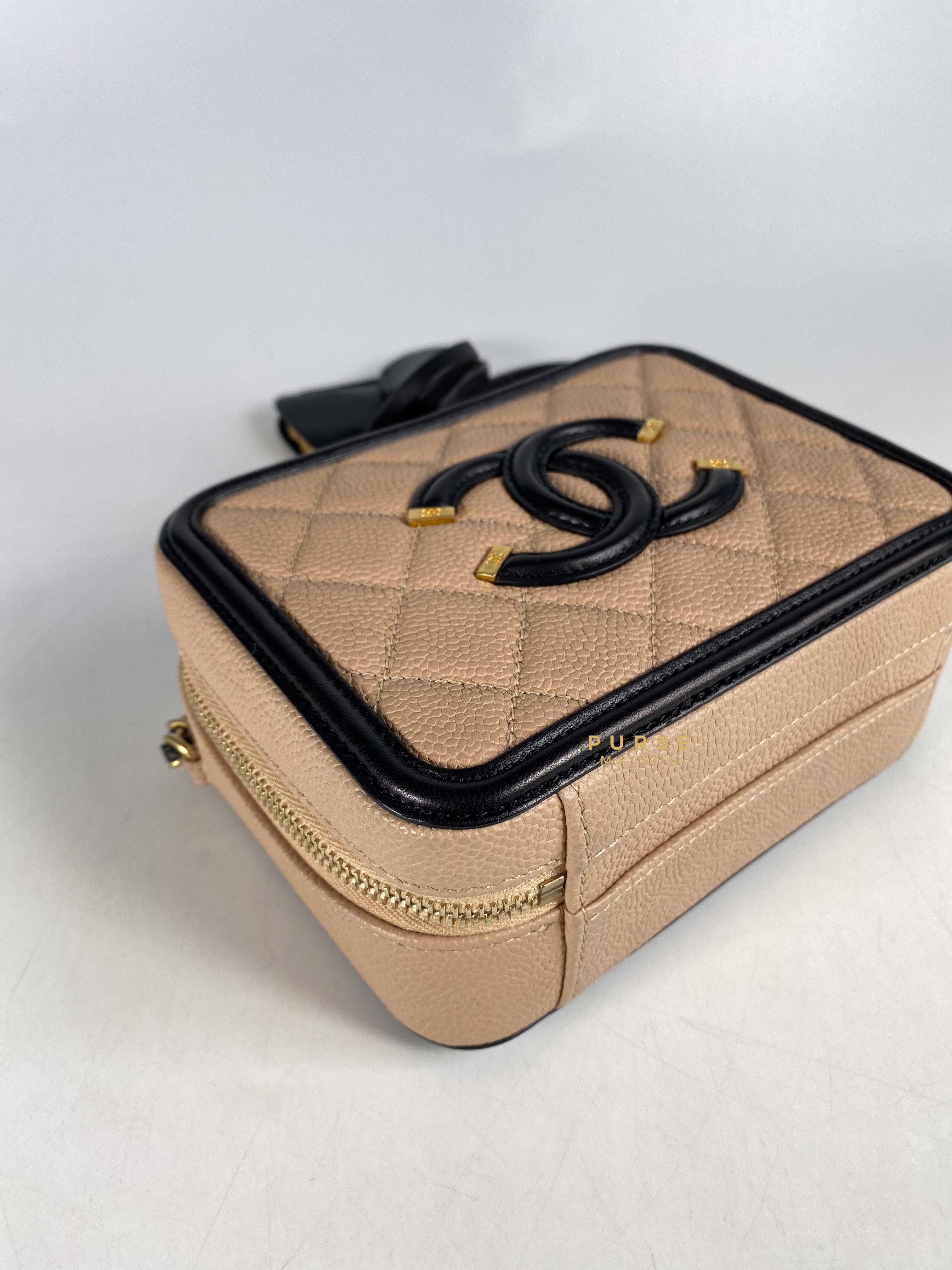 Chanel CC Filigree Vanity Bag Small Beige Caviar and Aged Gold Hardware Series 24 | Purse Maison Luxury Bags Shop
