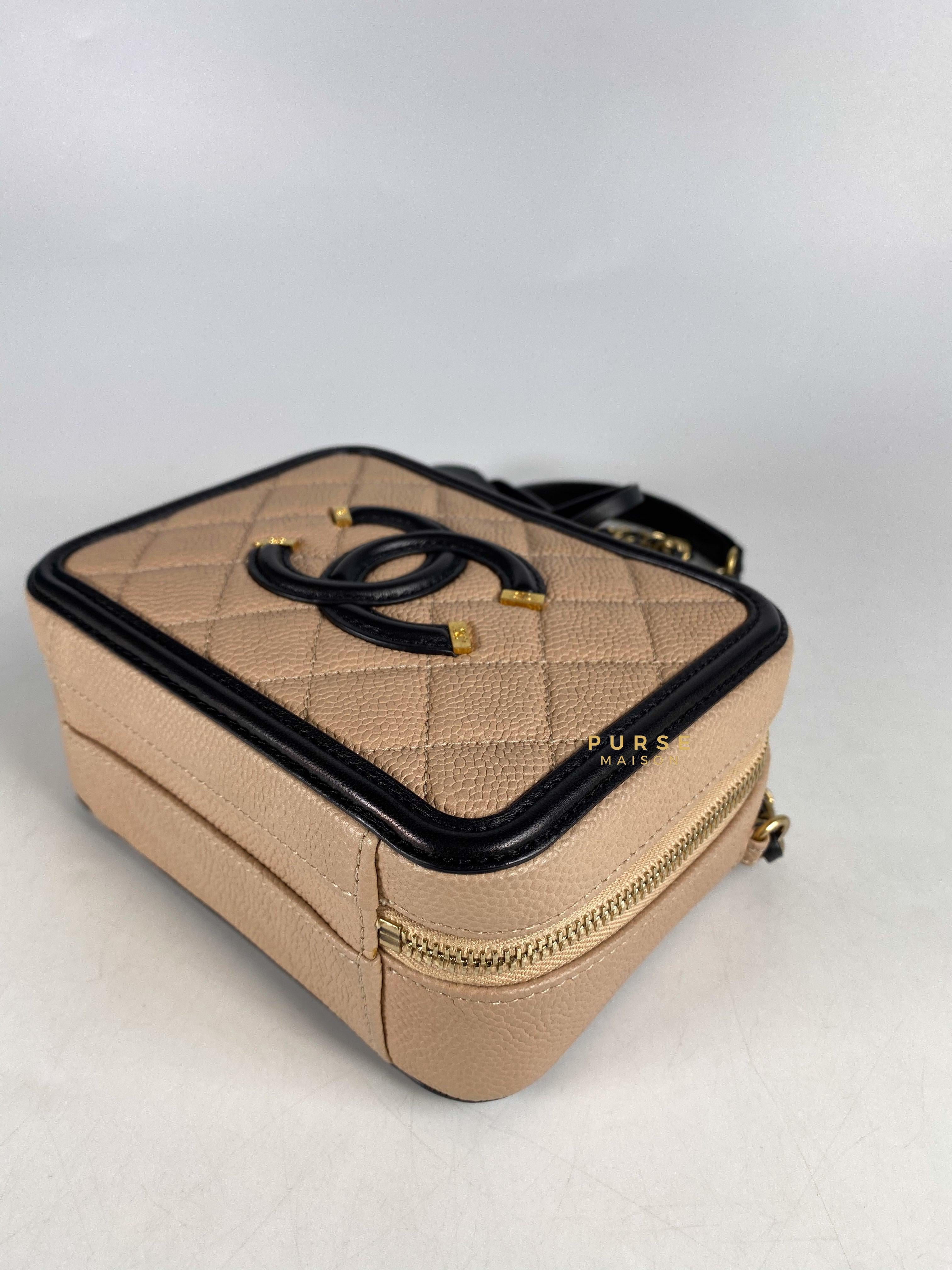 Chanel CC Filigree Vanity Bag Small Beige Caviar and Aged Gold Hardware Series 24 | Purse Maison Luxury Bags Shop