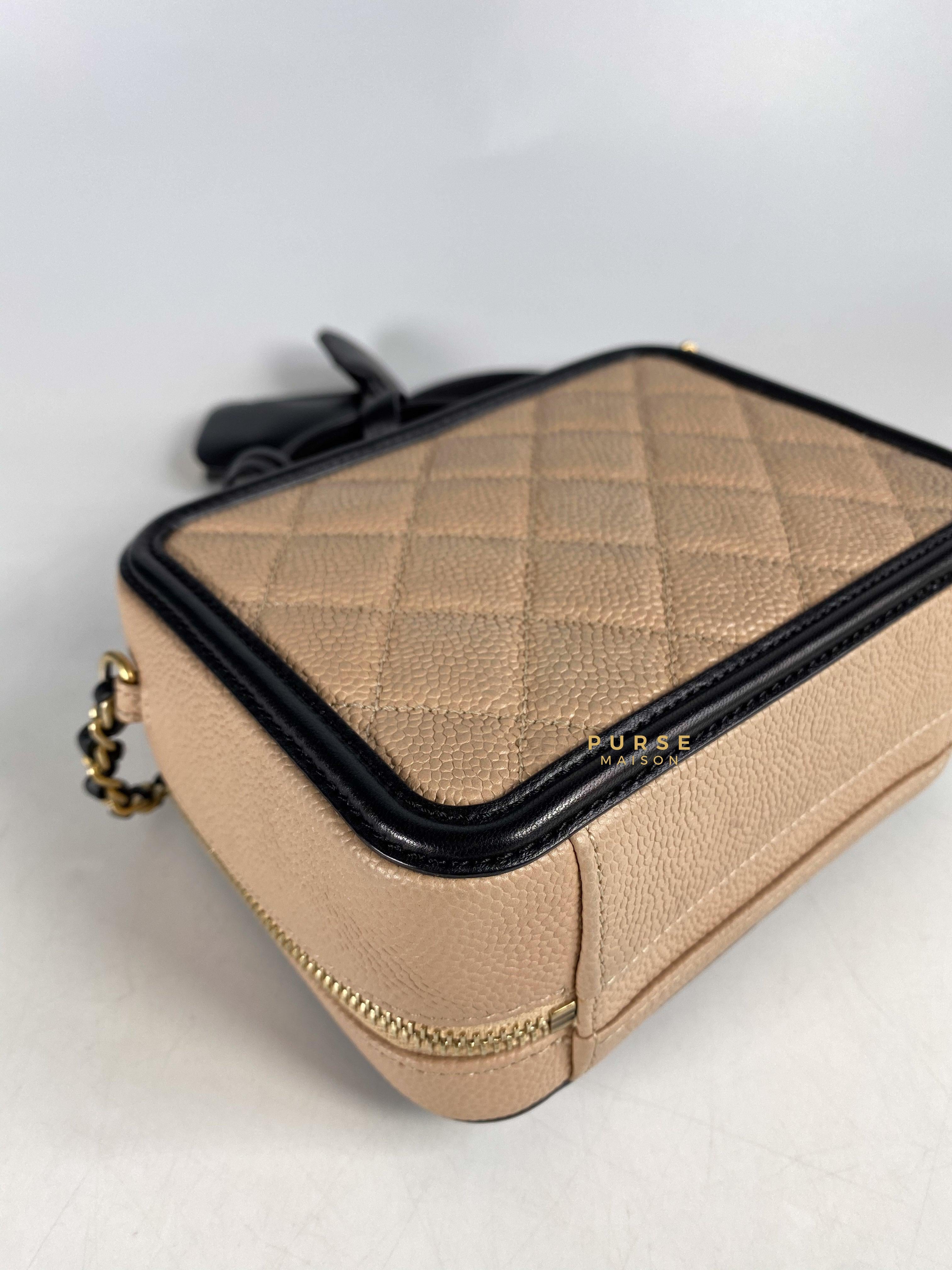 Chanel CC Filigree Vanity Bag Small Beige Caviar and Aged Gold Hardware Series 24 | Purse Maison Luxury Bags Shop