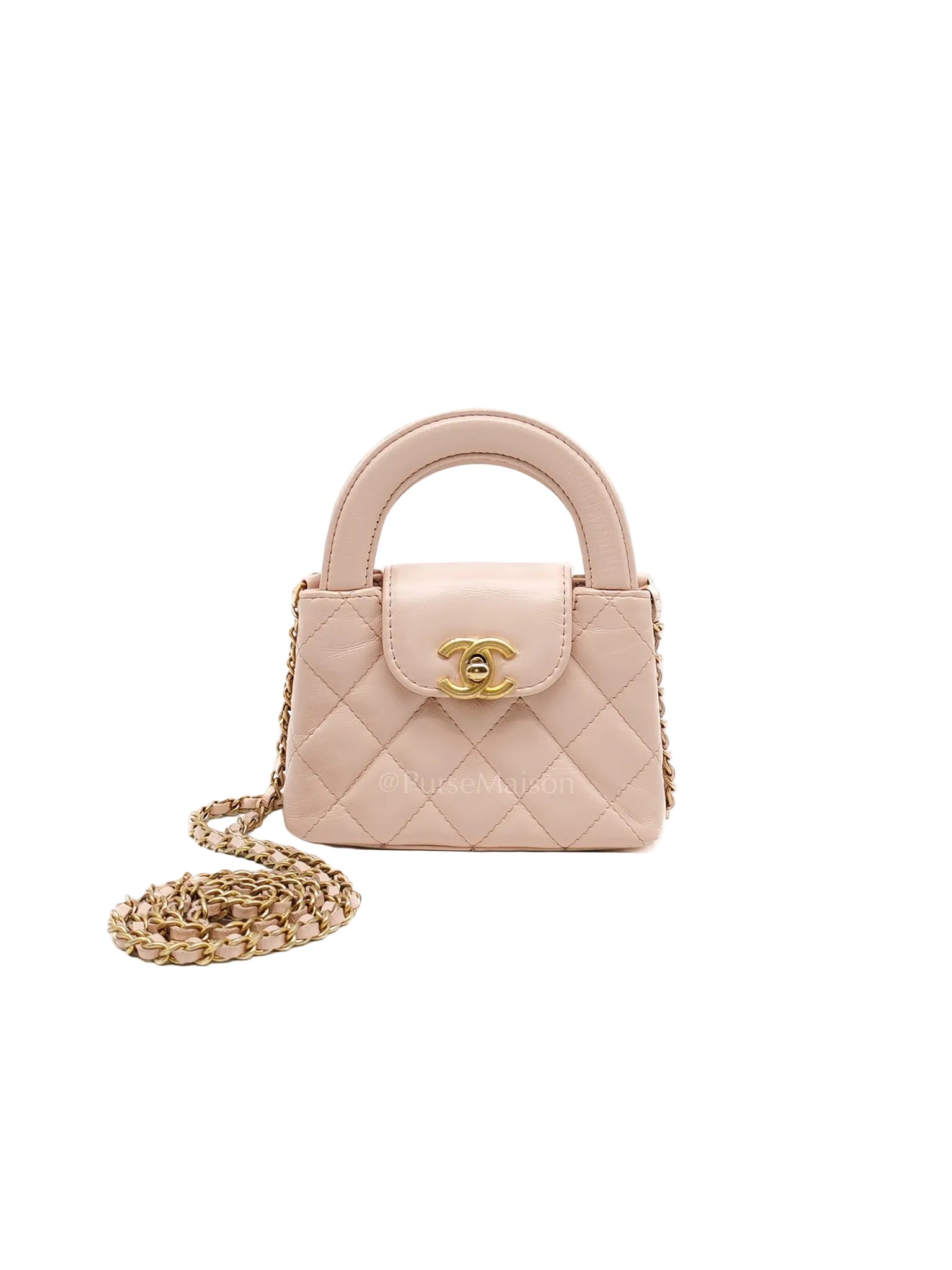 CC Kelly Micro in Light Pink Calfskin Leather in Aged Gold Hardware (Microchip) | Purse Maison Luxury Bags Shop