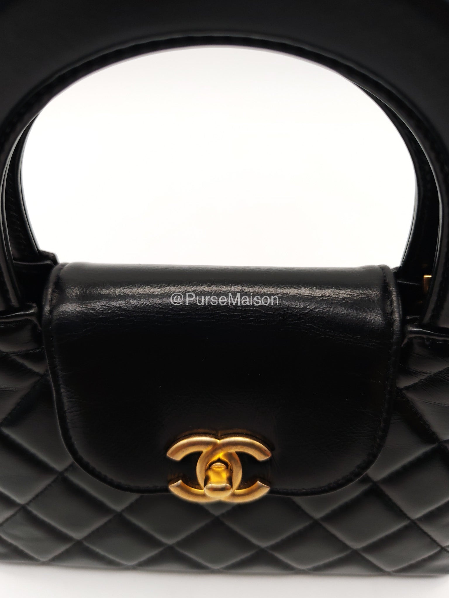Chanel CC Kelly Shopping Bag Small in Black Shiny Calfskin Leather Aged Gold Hardware (Microchip) | Purse Maison Luxury Bags Shop