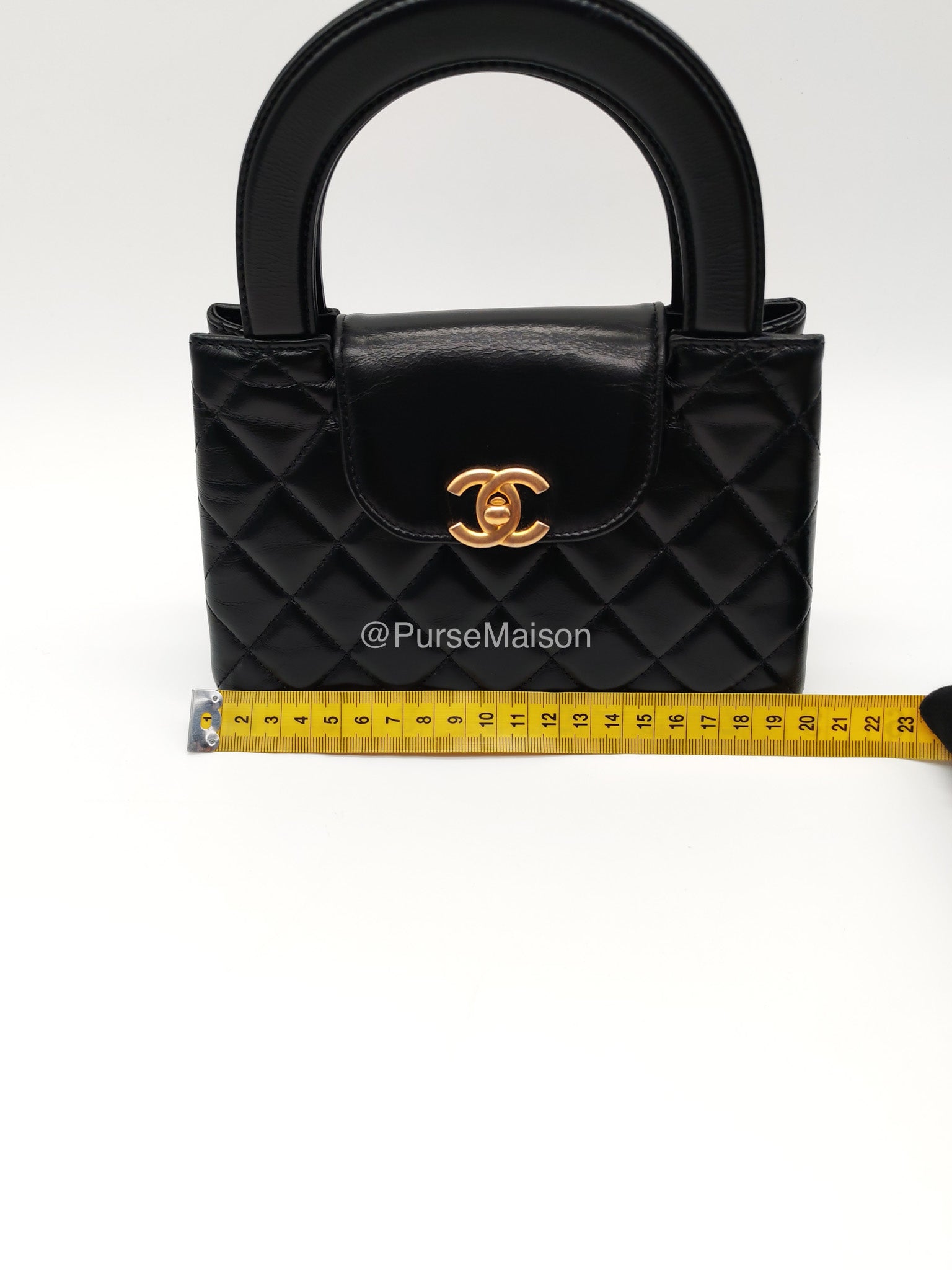 Chanel CC Kelly Shopping Bag Small in Black Shiny Calfskin Leather Aged Gold Hardware (Microchip) | Purse Maison Luxury Bags Shop