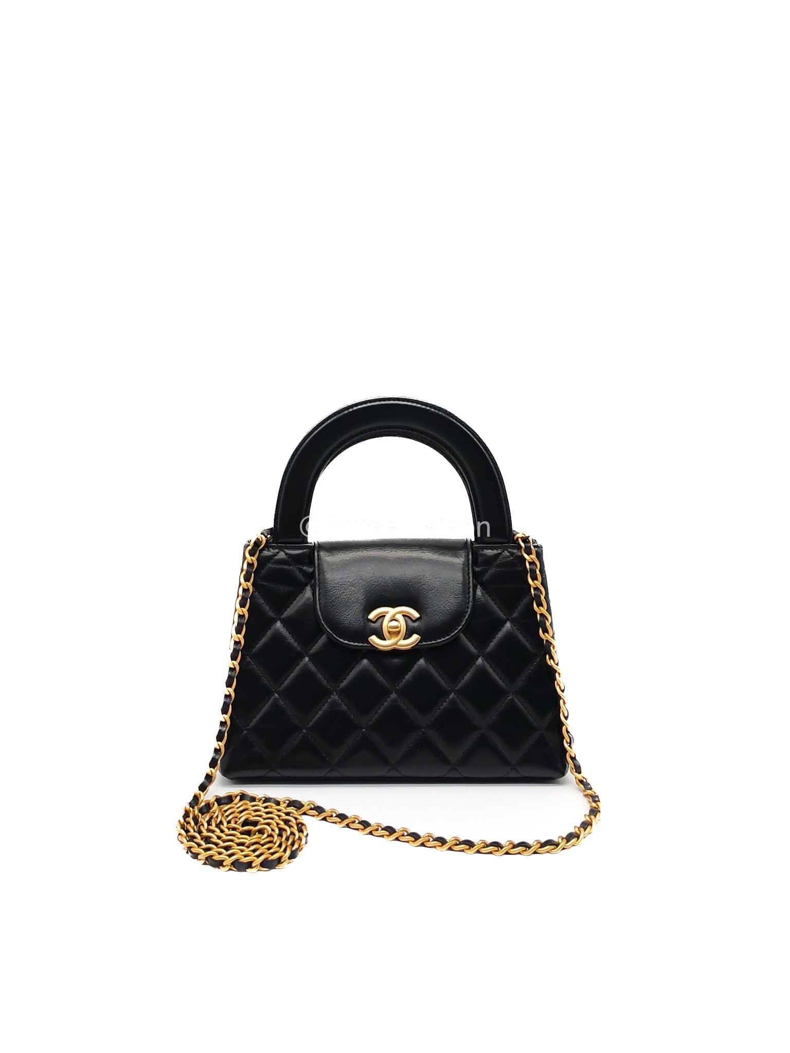 Chanel CC Kelly Shopping Bag Small in Black Shiny Calfskin Leather Aged Gold Hardware (Microchip) | Purse Maison Luxury Bags Shop