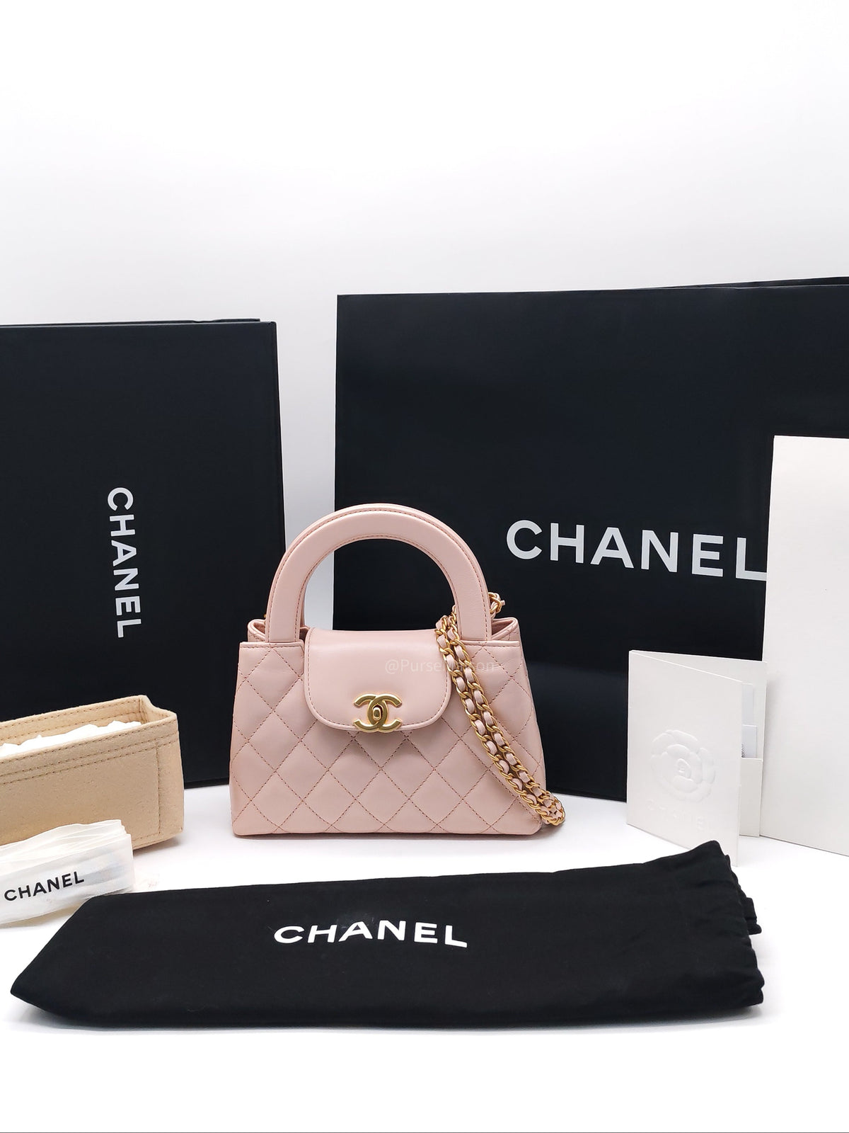 Chanel CC Kelly Small in Baby Pink Shinny Calfskin Leather Aged Gold Hardware Microchip(E8****T5) | Purse Maison Luxury Bags Shop