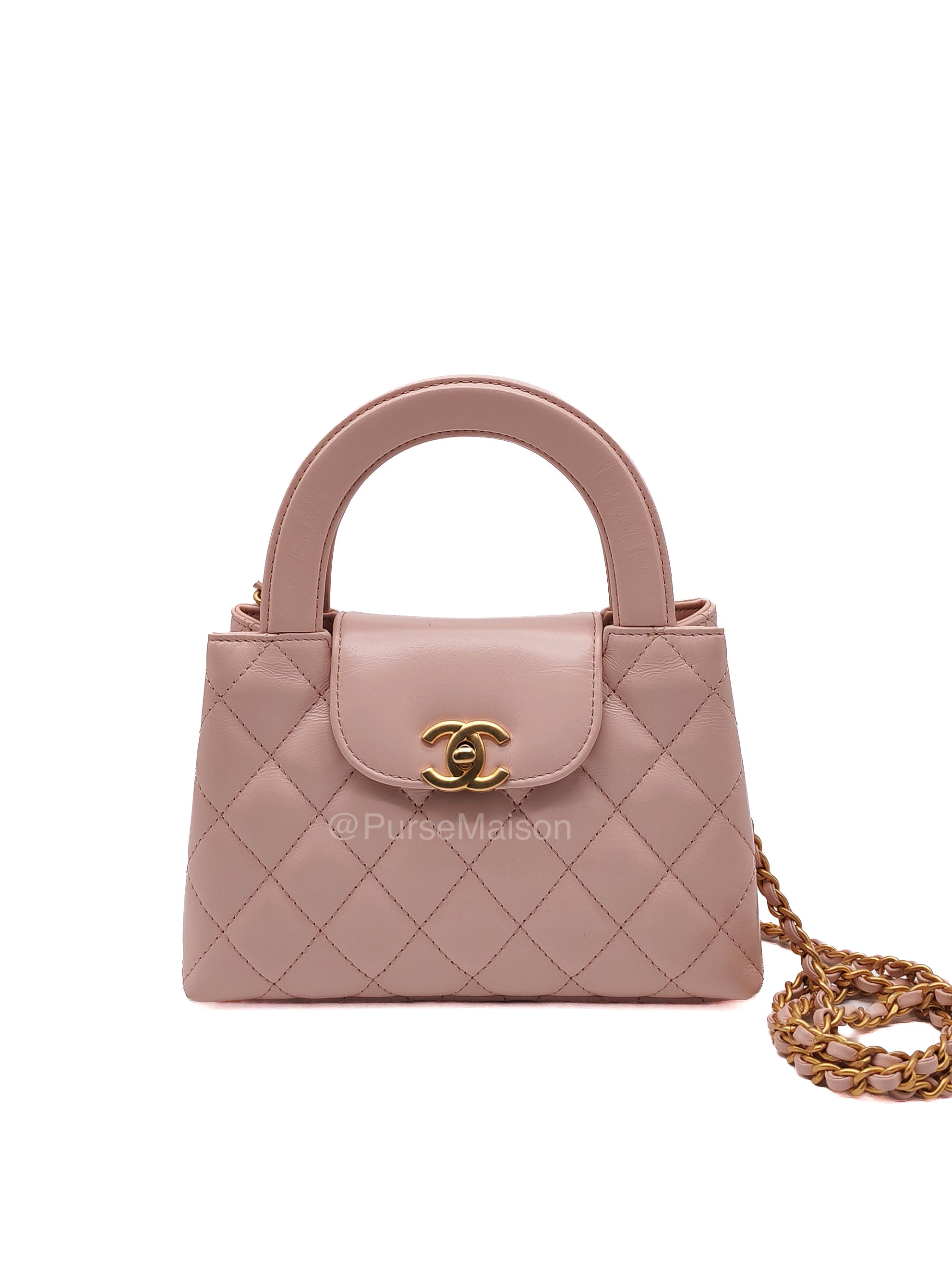 Chanel CC Kelly Small in Baby Pink Shiny Aged Calfskin Leather and Aged Gold Hardware Microchip | Purse Maison Luxury Bags Shop