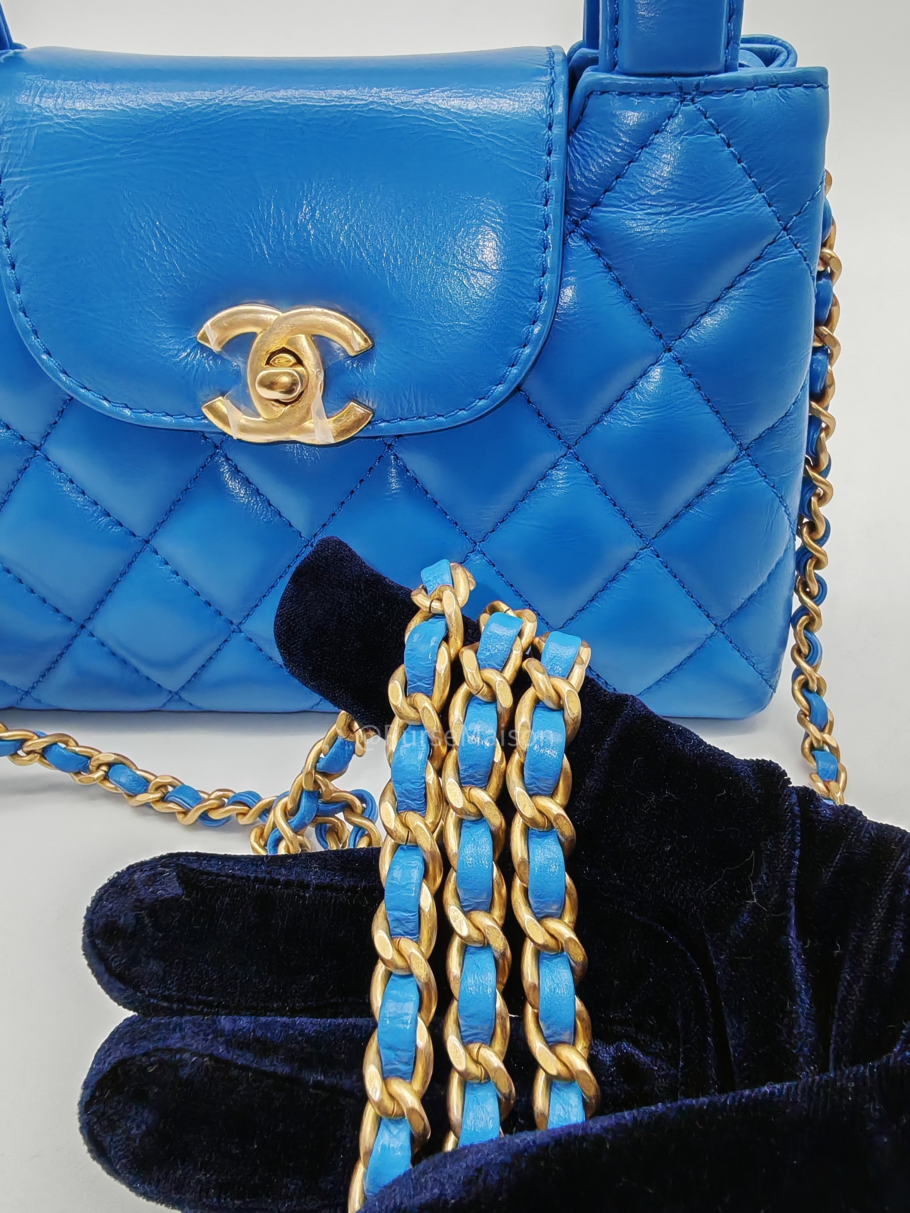 Chanel CC Kelly Small in Light Blue Calfskin Leather and Aged Gold Hardware (Microchip) | Purse Maison Luxury Bags Shop