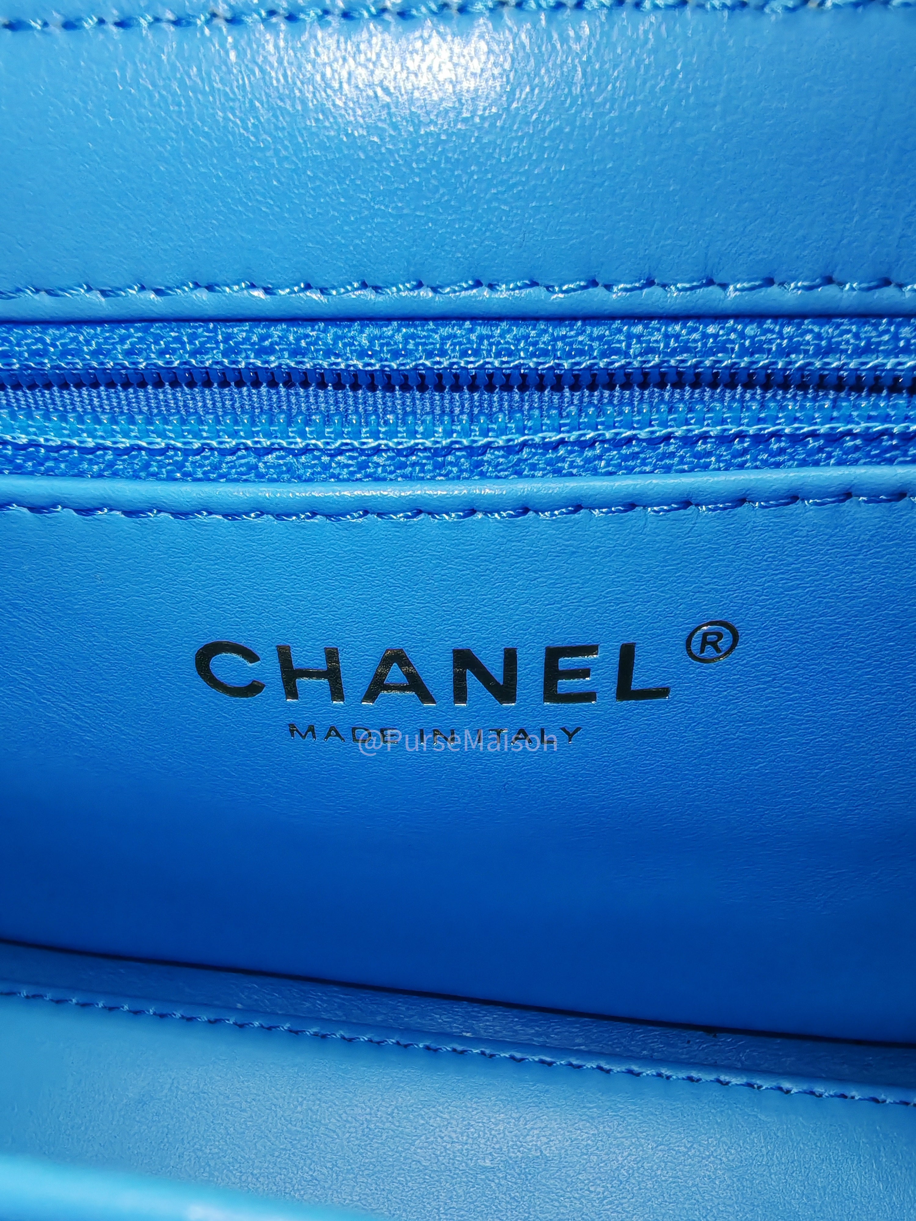 Chanel CC Kelly Small in Light Blue Calfskin Leather and Aged Gold Hardware (Microchip) | Purse Maison Luxury Bags Shop