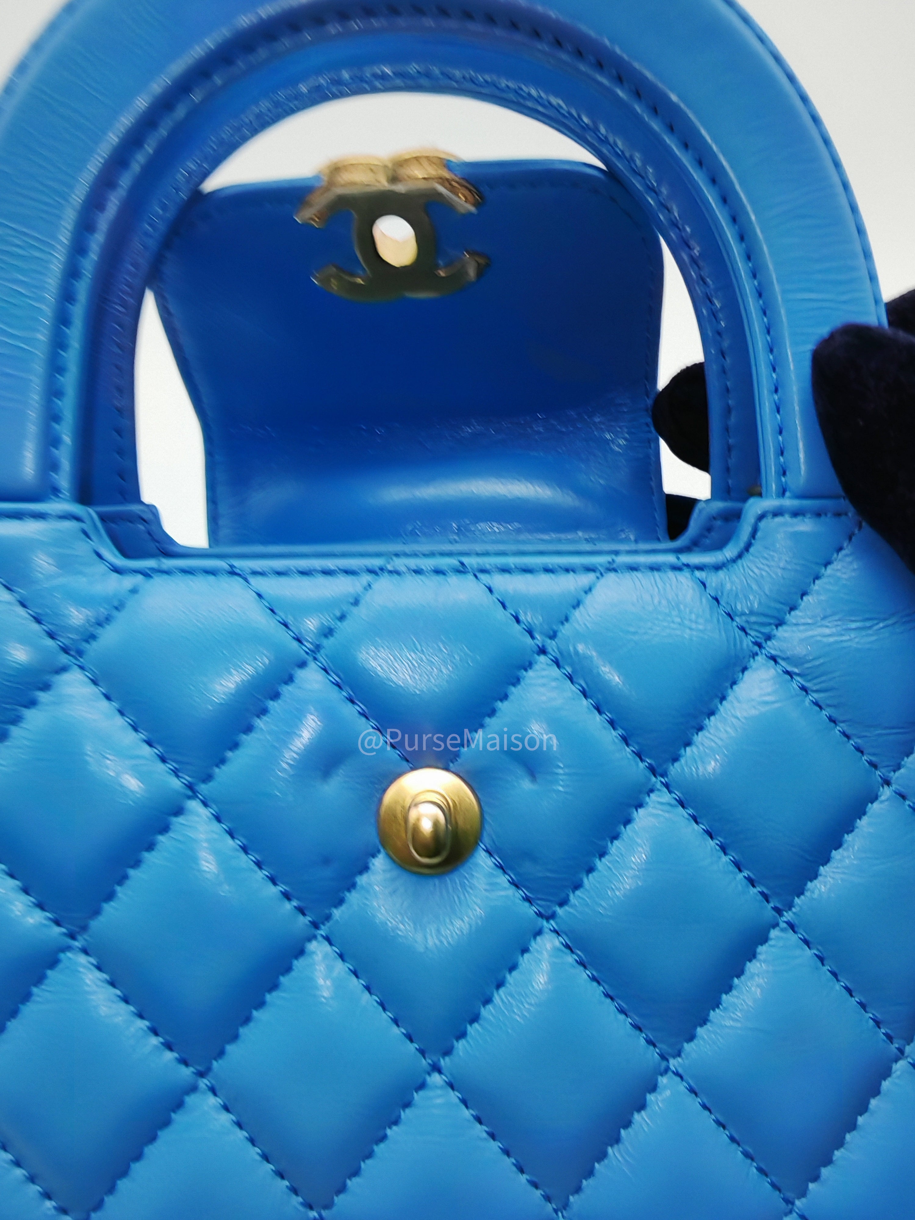 Chanel CC Kelly Small in Light Blue Calfskin Leather and Aged Gold Hardware (Microchip) | Purse Maison Luxury Bags Shop