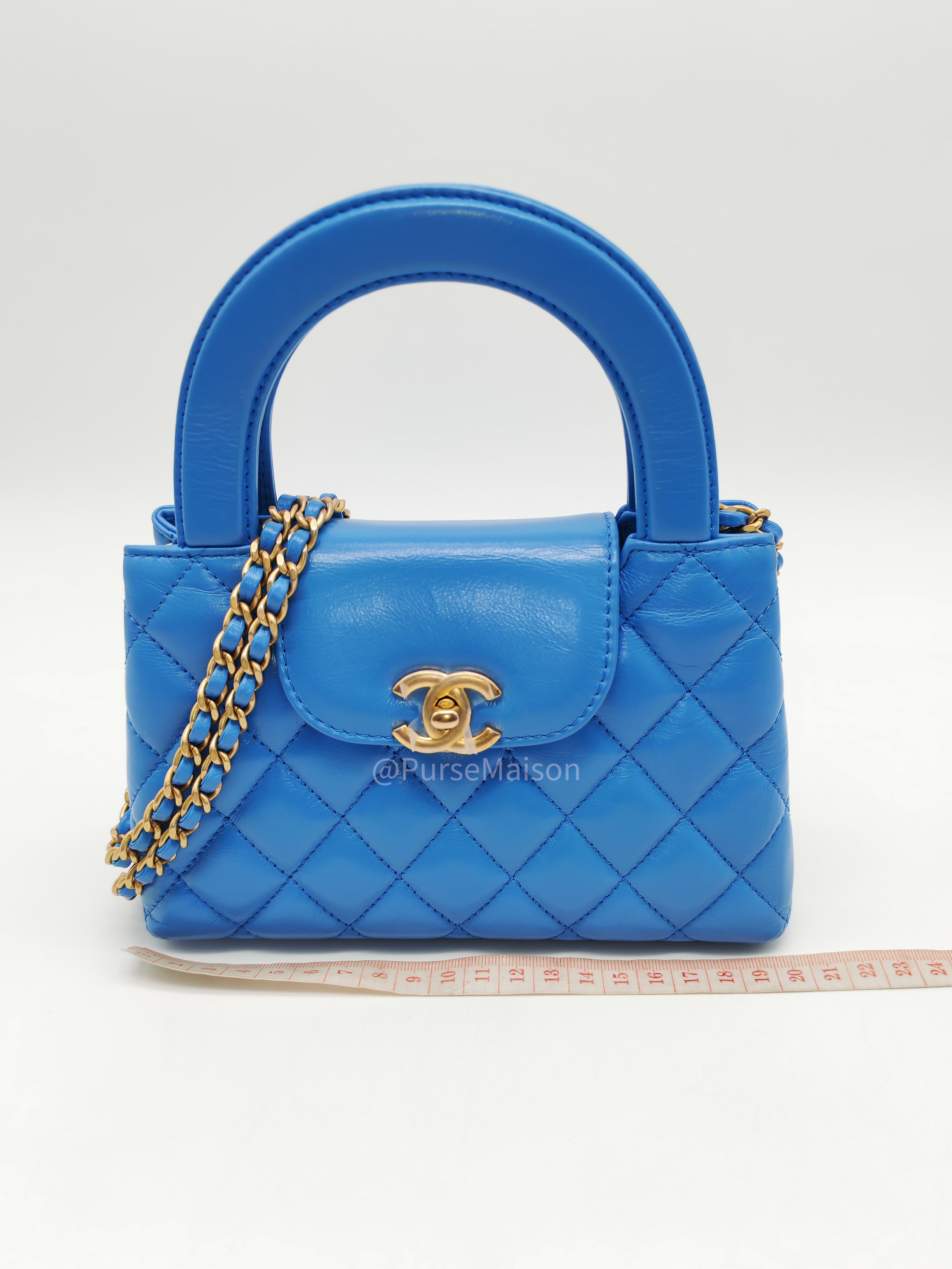 Chanel CC Kelly Small in Light Blue Calfskin Leather and Aged Gold Hardware (Microchip) | Purse Maison Luxury Bags Shop
