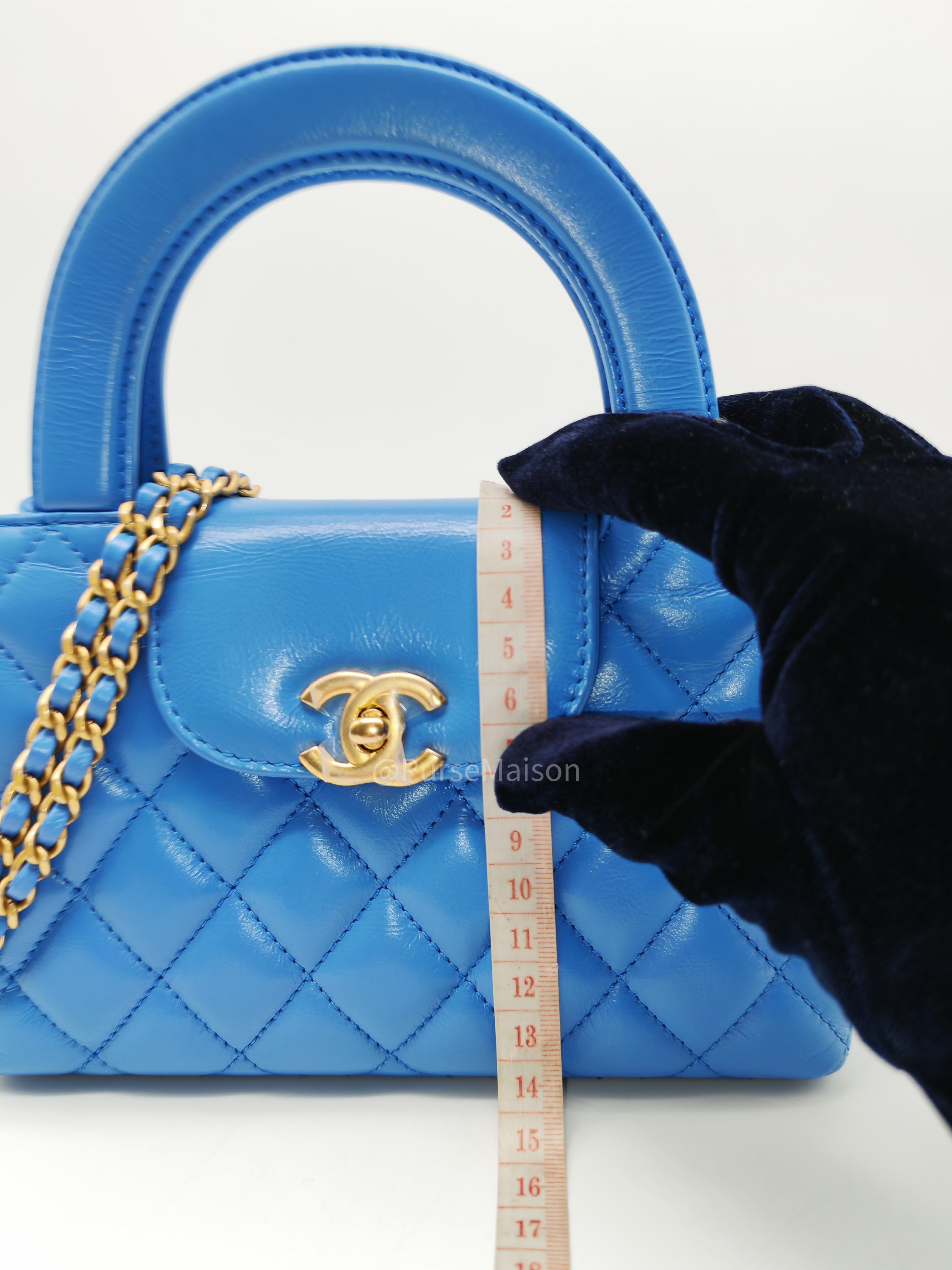 Chanel CC Kelly Small in Light Blue Calfskin Leather and Aged Gold Hardware (Microchip) | Purse Maison Luxury Bags Shop