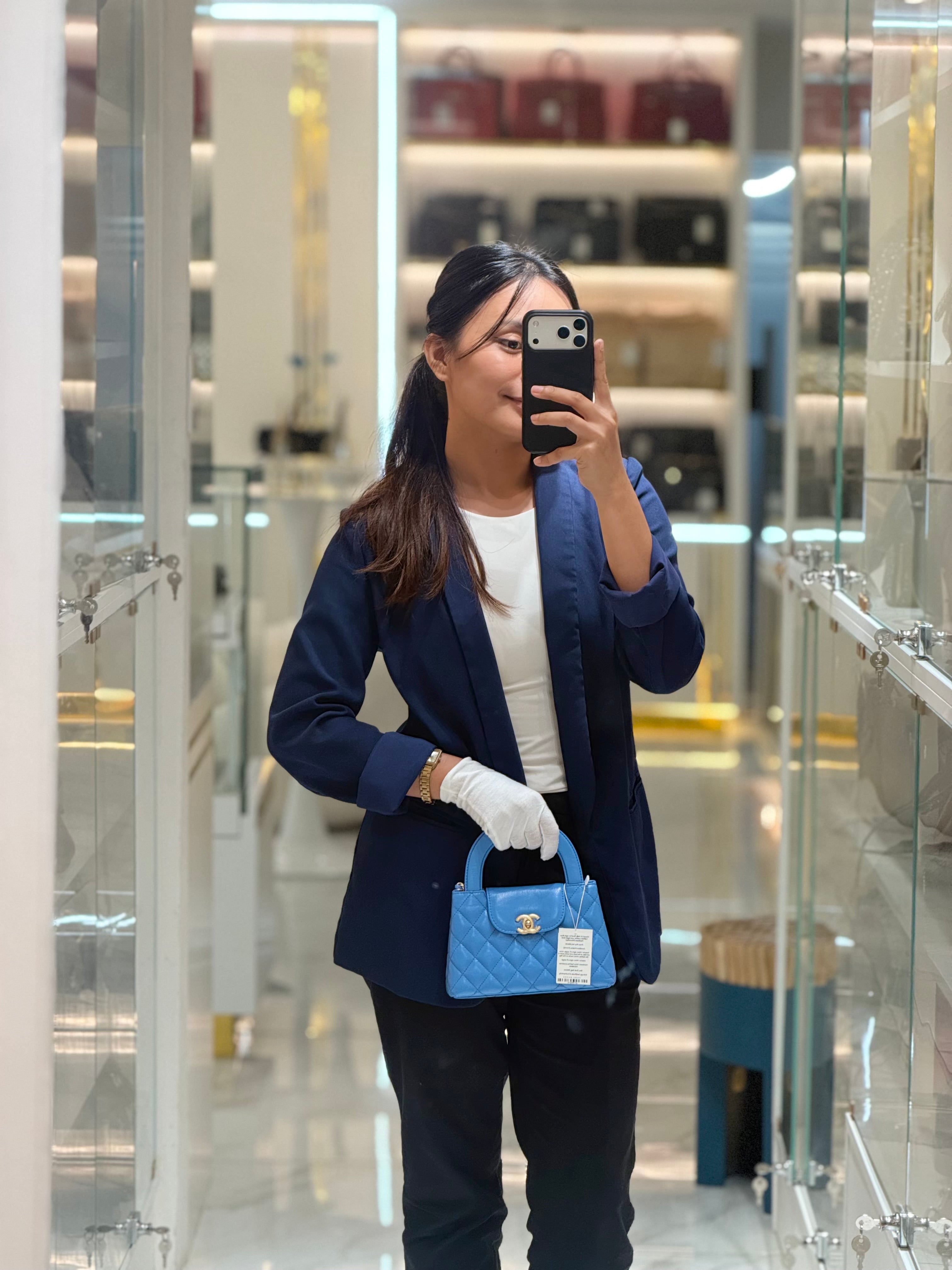 Chanel CC Kelly Small in Light Blue Calfskin Leather and Aged Gold Hardware (Microchip) | Purse Maison Luxury Bags Shop