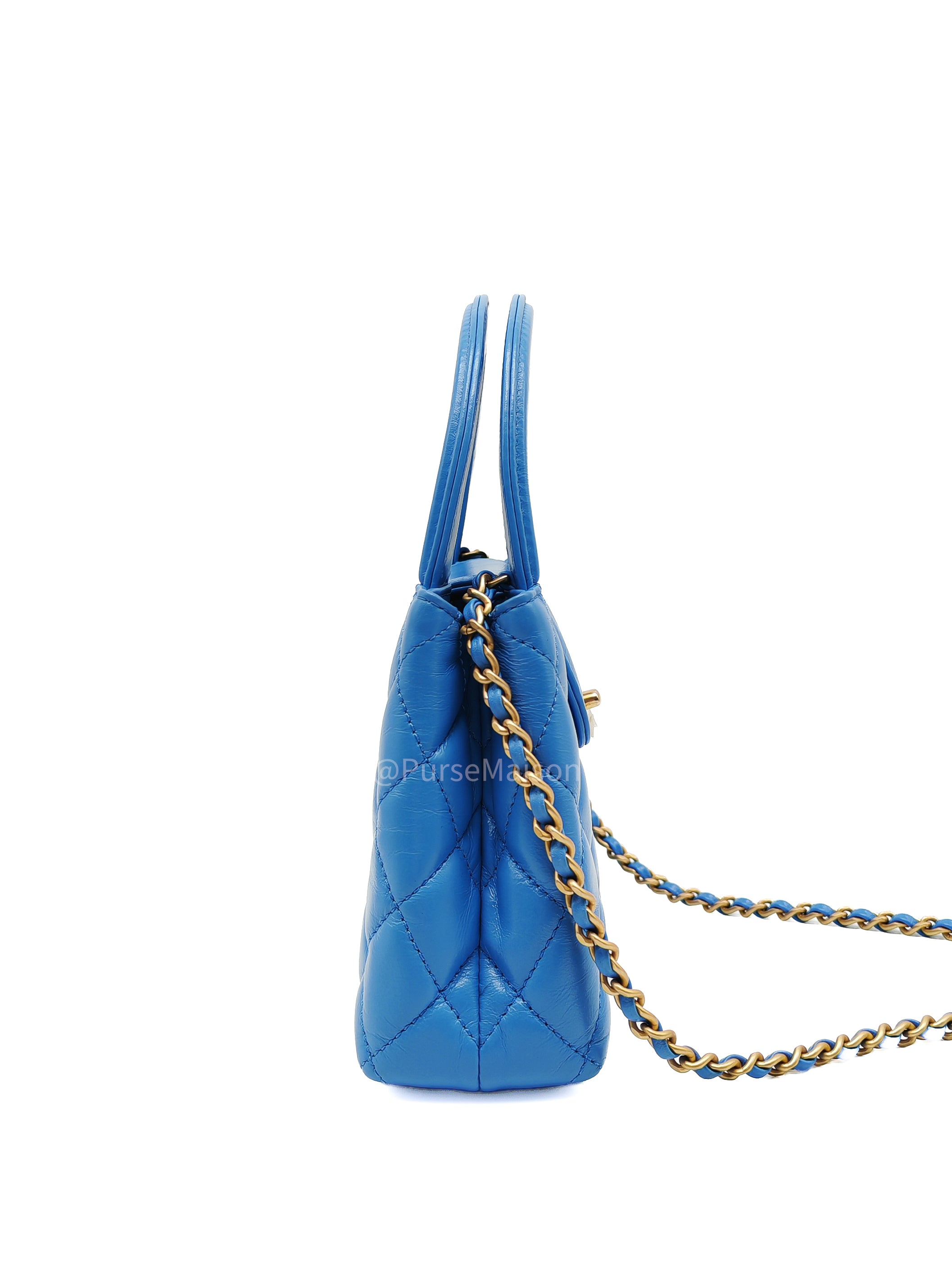 Chanel CC Kelly Small in Light Blue Calfskin Leather and Aged Gold Hardware (Microchip) | Purse Maison Luxury Bags Shop