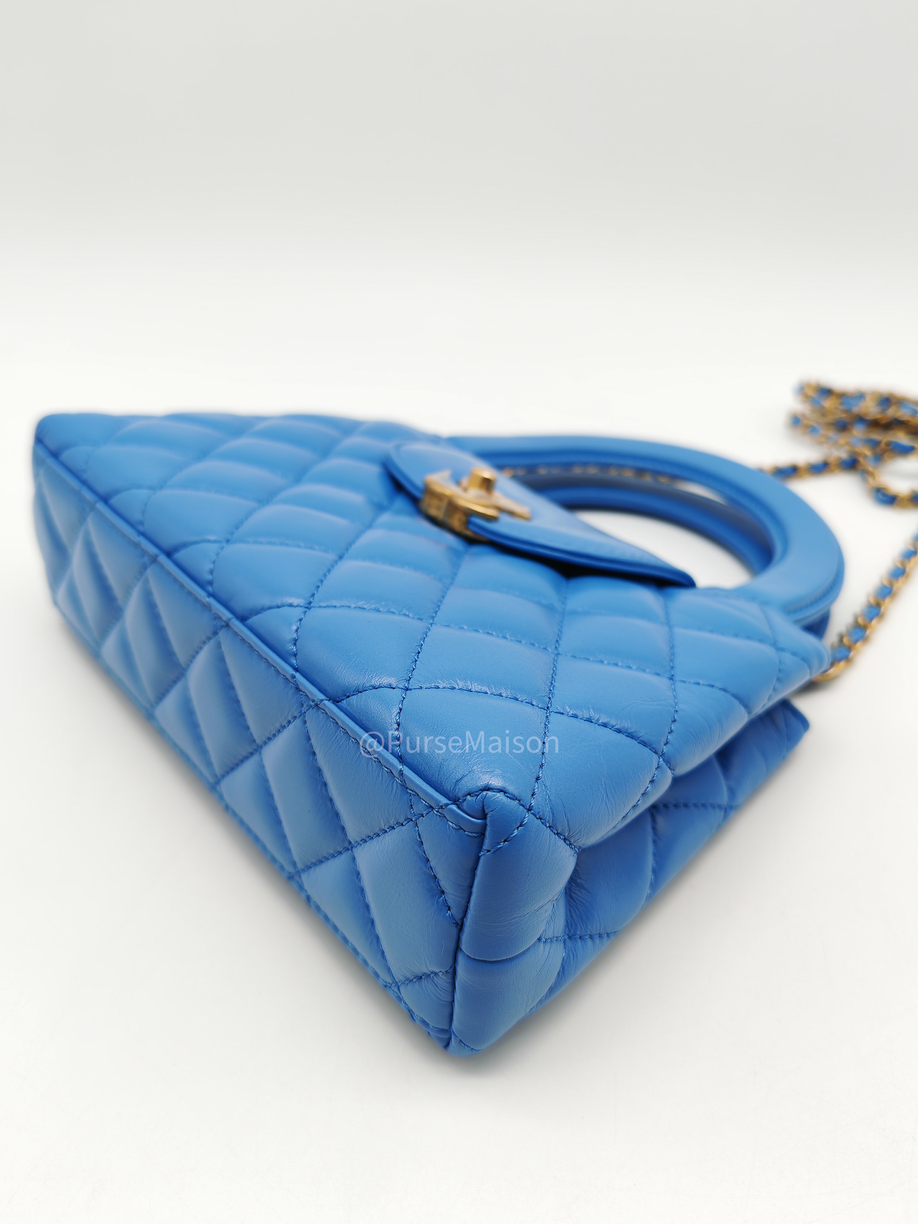 Chanel CC Kelly Small in Light Blue Calfskin Leather and Aged Gold Hardware (Microchip) | Purse Maison Luxury Bags Shop