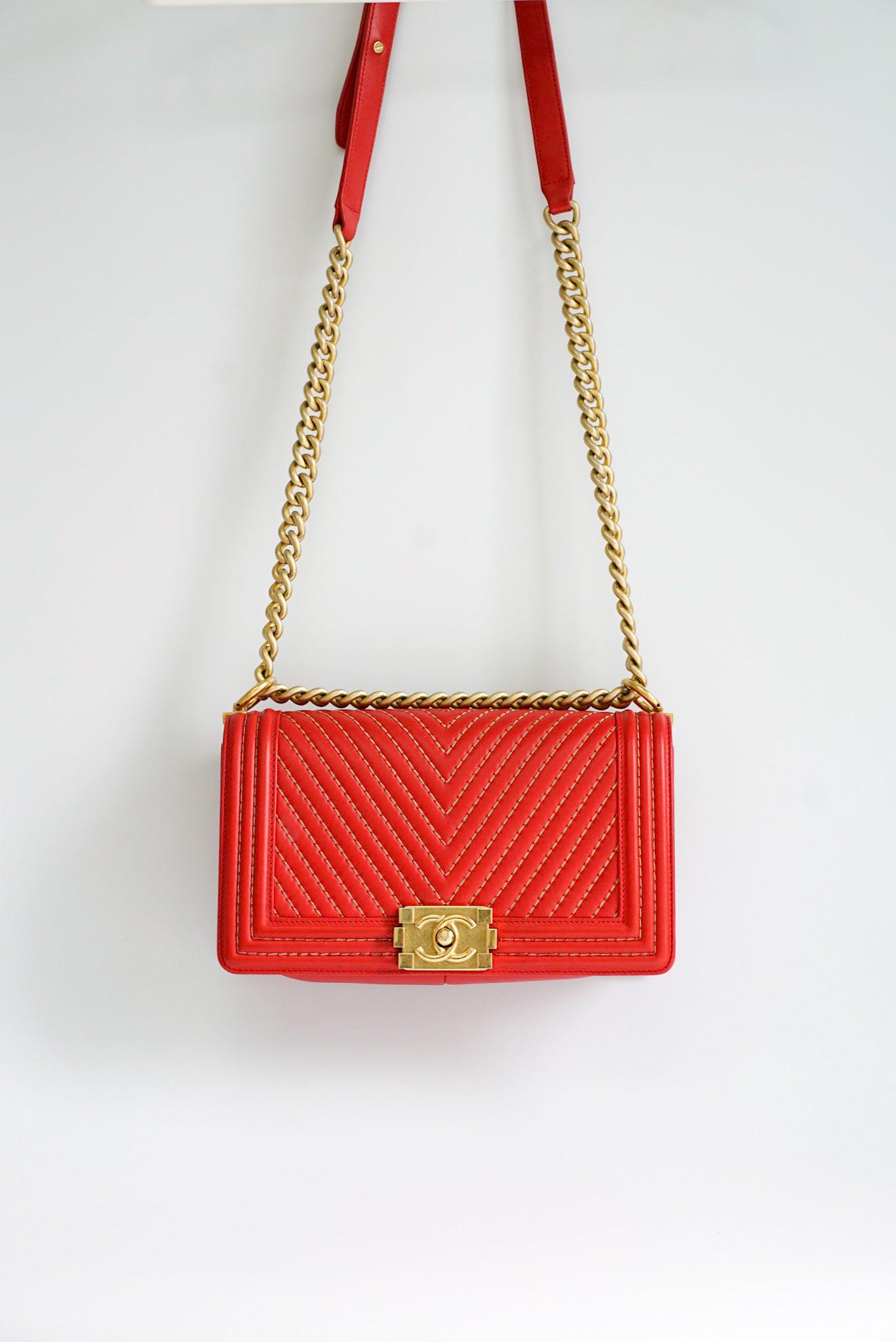 Chanel Boy Red Studded Chevron Old Medium Limited Edition Calfskin Series 23