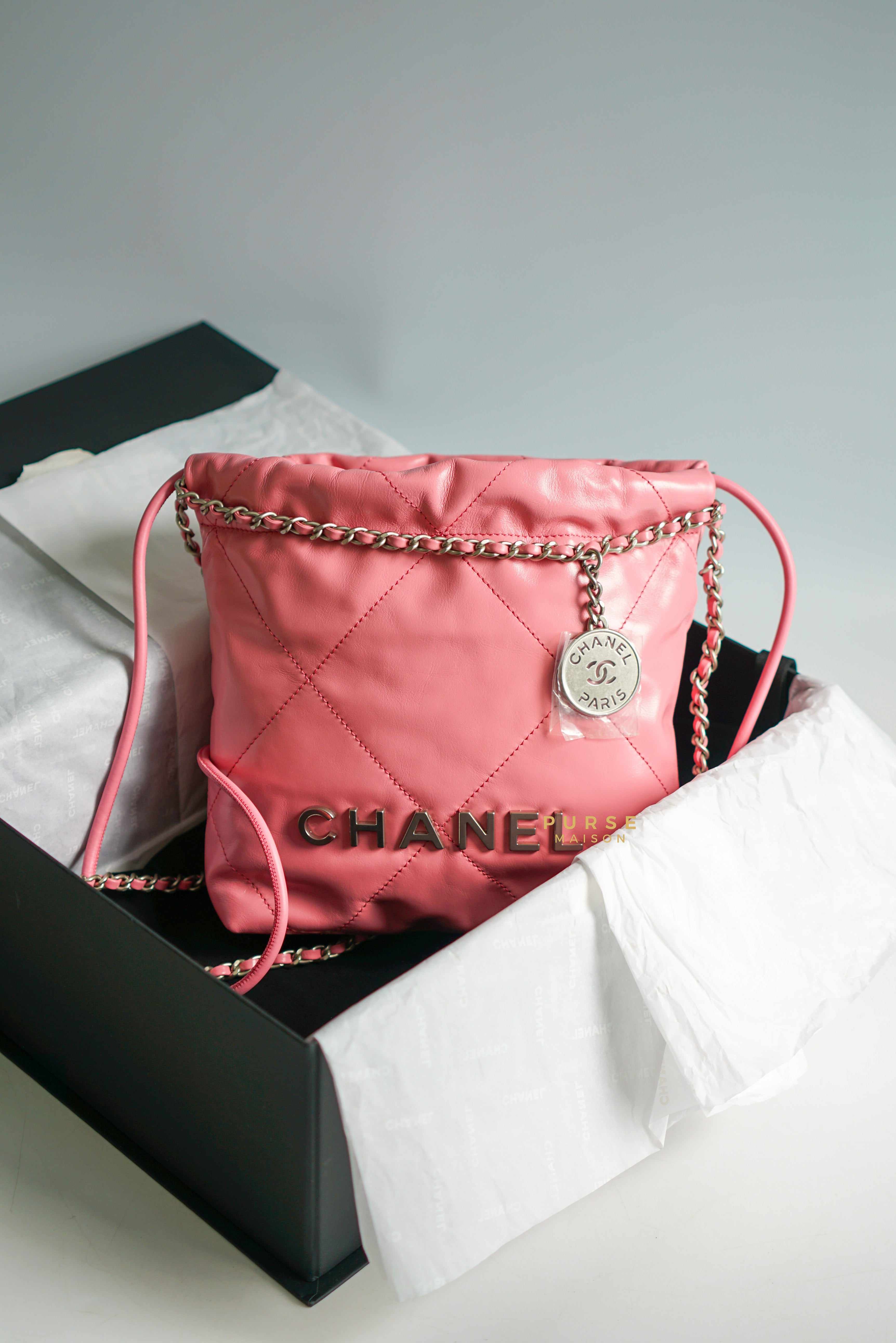 Chanel Mini 22 Pink Shiny Calfskin in Silver Hardware (Microchip)