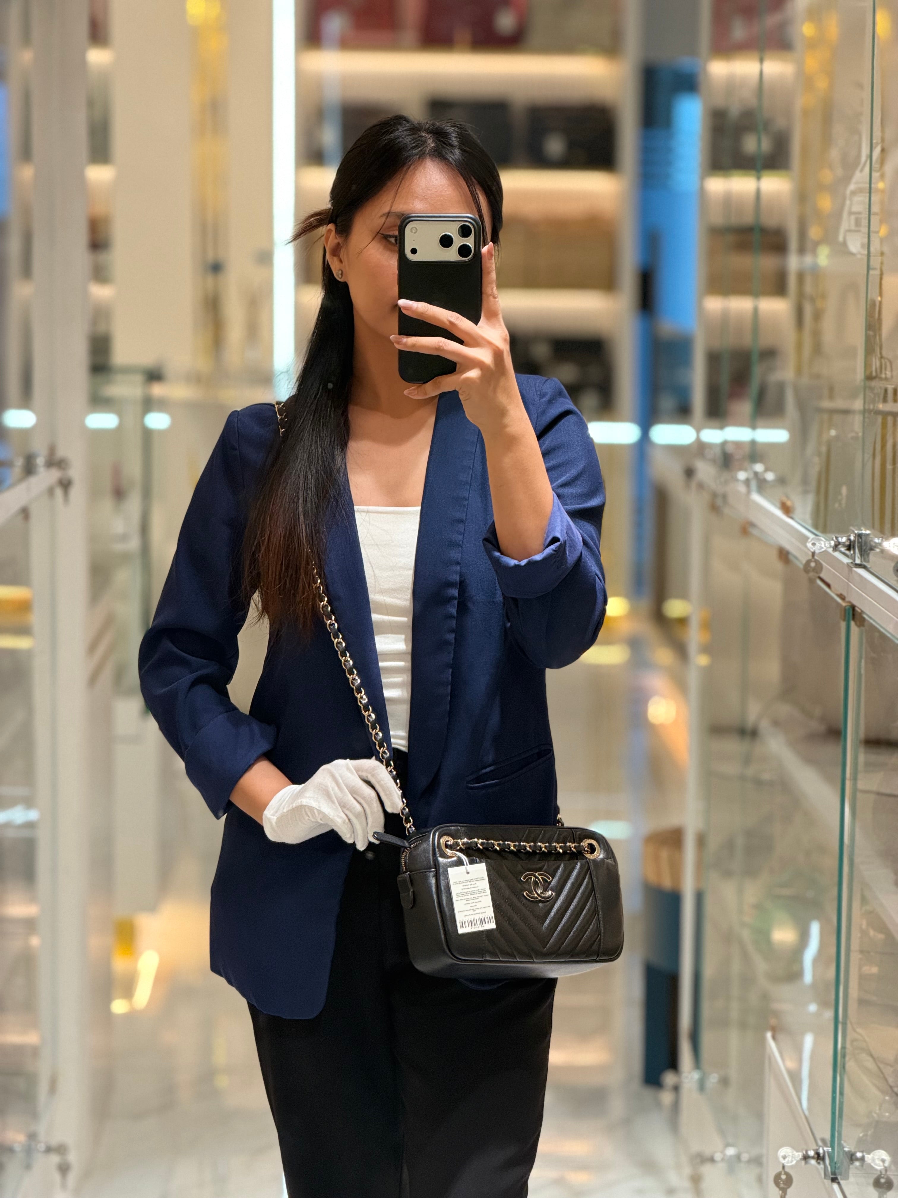 Chanel Chevron Daily Camera Case Bag in Black Calfskin Leather and Light Gold Hardware Series 27 | Purse Maison Luxury Bags Shop