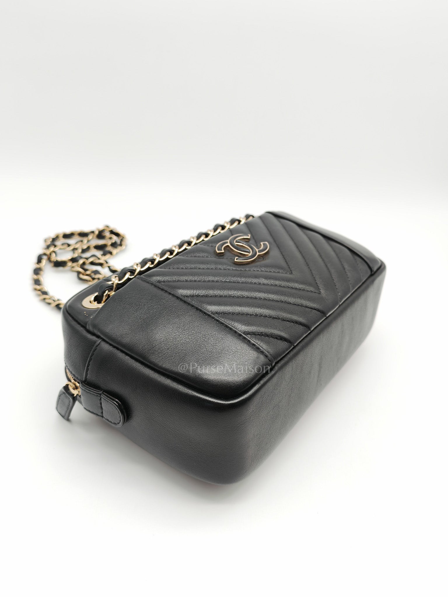 Chanel Chevron Daily Camera Case Bag in Black Calfskin Leather and Light Gold Hardware Series 27 | Purse Maison Luxury Bags Shop