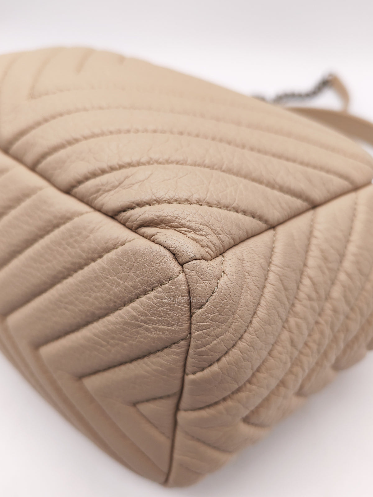 Chanel Chevron Drawstring Bucket Bag in Beige Calfskin Leather and Silver Hardware Series 23 | Purse Maison Luxury Bags Shop