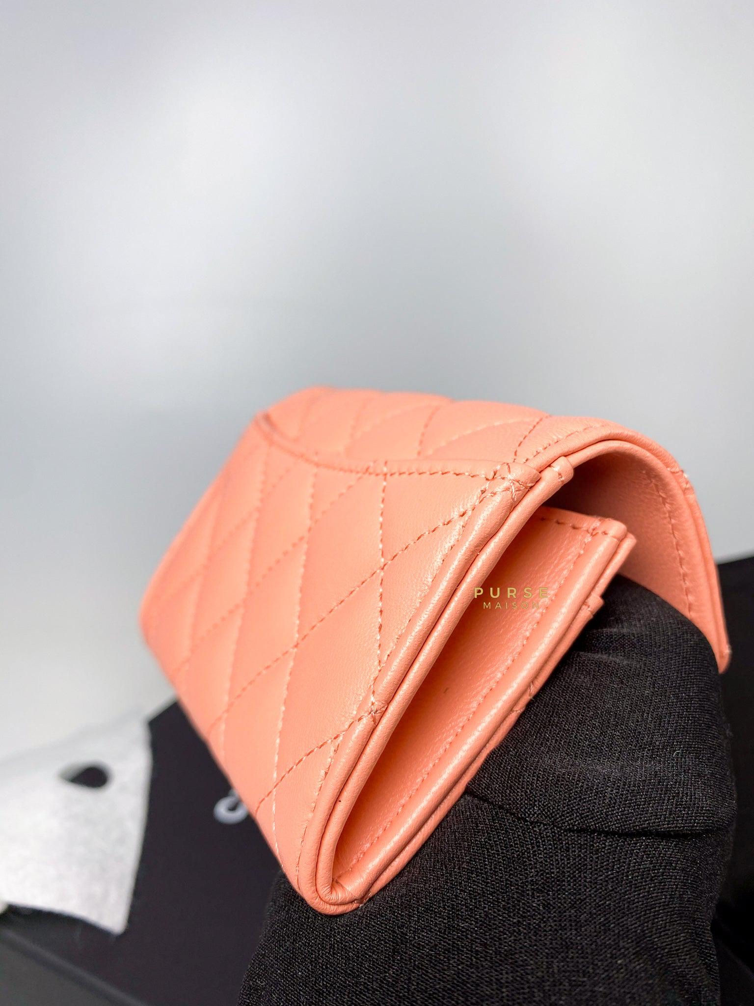 Chanel Classic Compact Wallet Coral Pink Lambskin l and Light Gold Hardware (Microchip)