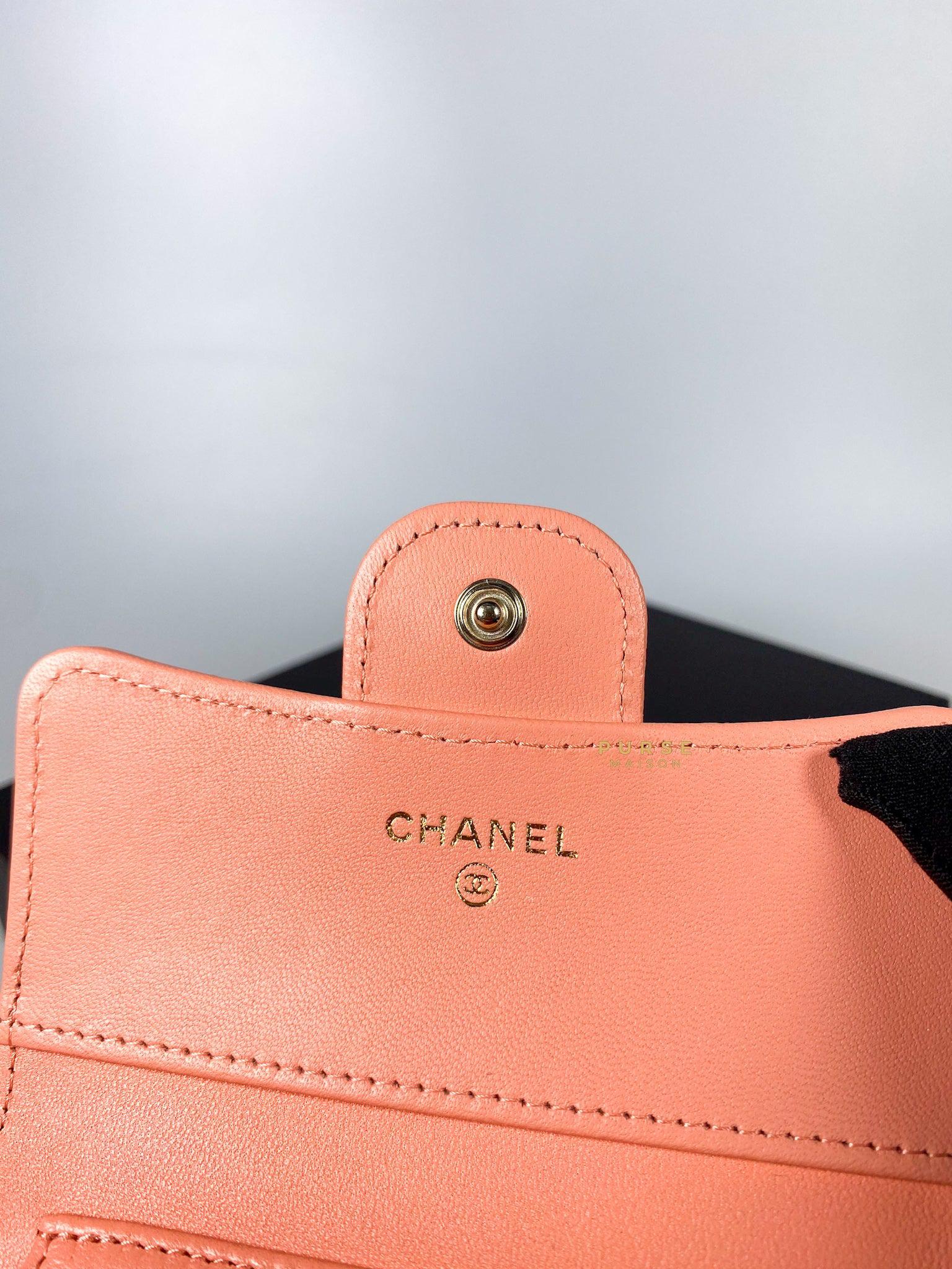 Chanel Classic Compact Wallet Coral Pink Lambskin l and Light Gold Hardware (Microchip)