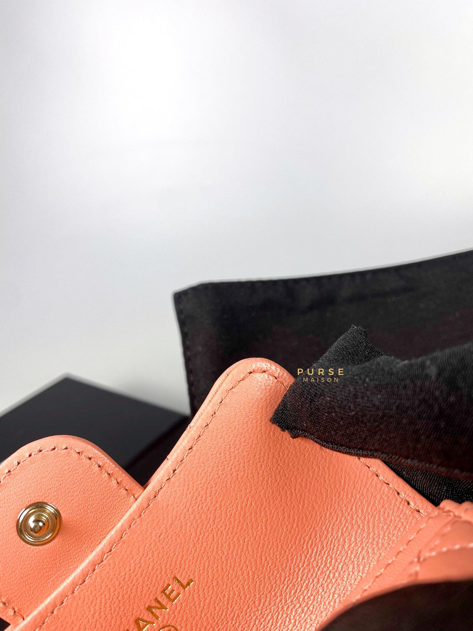 Chanel Classic Compact Wallet Coral Pink Lambskin l and Light Gold Hardware (Microchip)