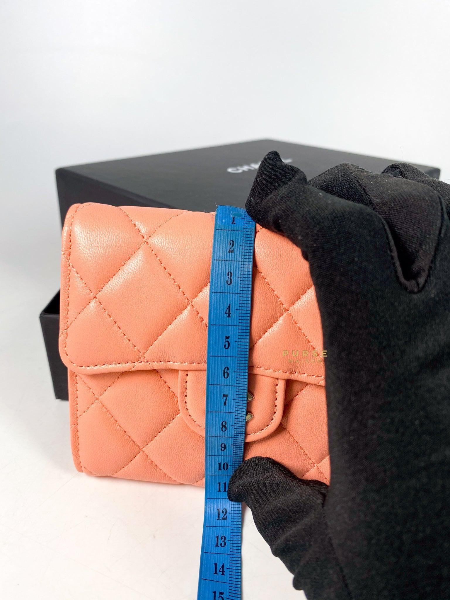 Chanel Classic Compact Wallet Coral Pink Lambskin l and Light Gold Hardware (Microchip)