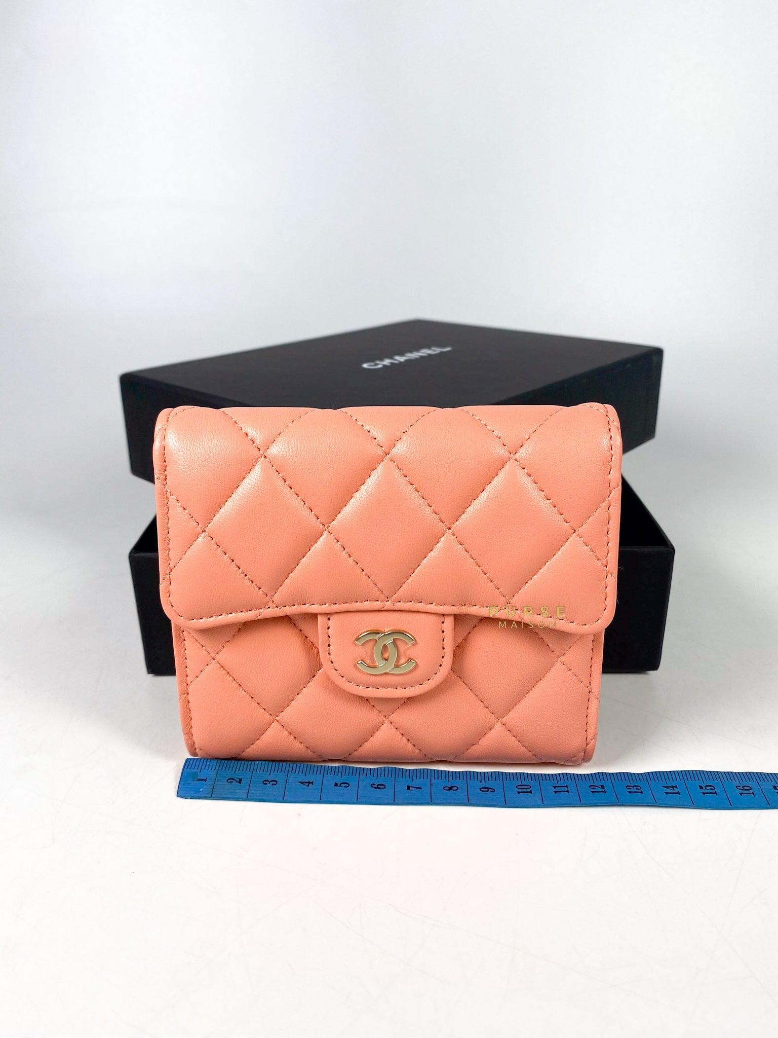 Chanel Classic Compact Wallet Coral Pink Lambskin l and Light Gold Hardware (Microchip)