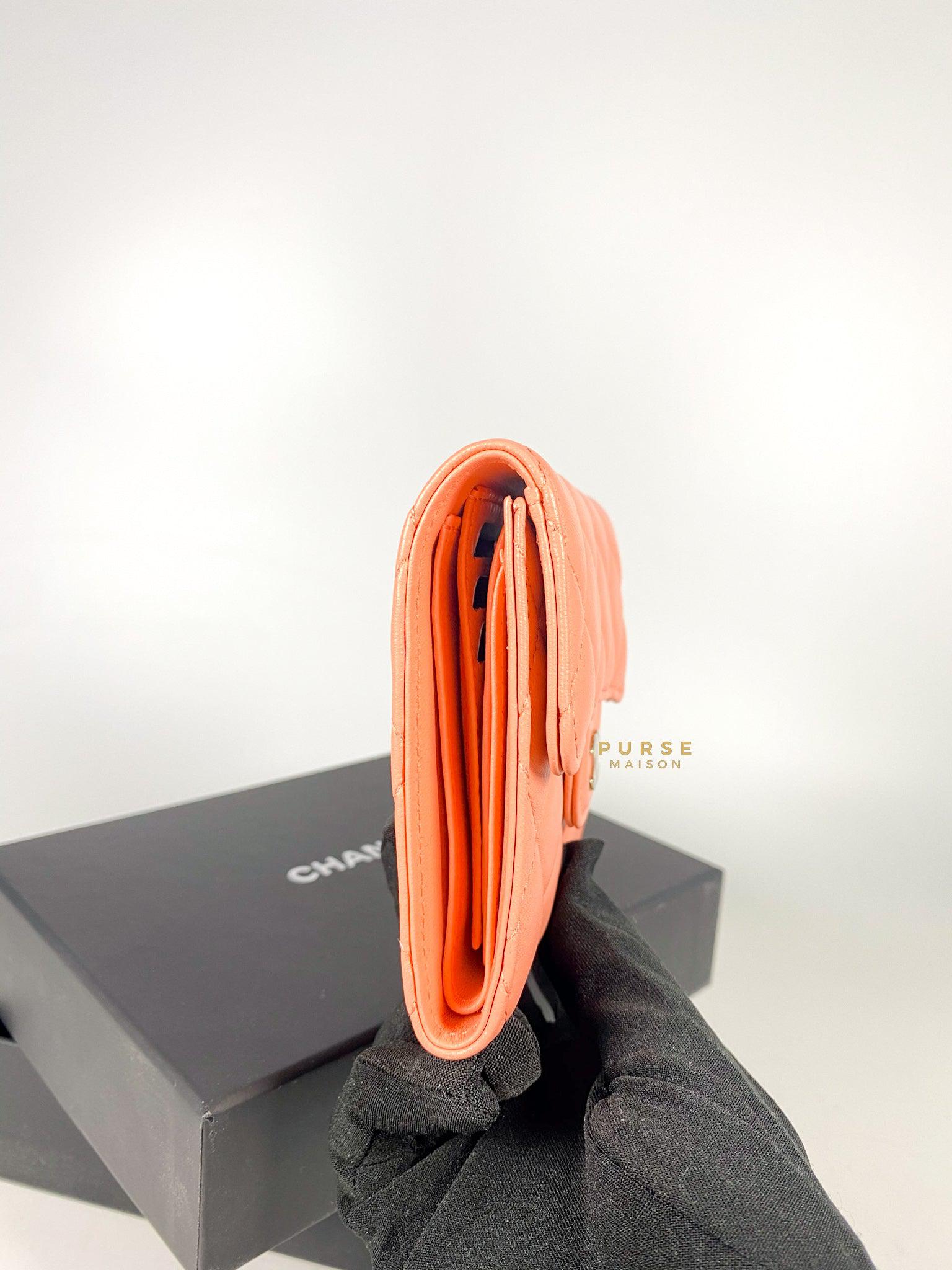 Chanel Classic Compact Wallet Coral Pink Lambskin l and Light Gold Hardware (Microchip)