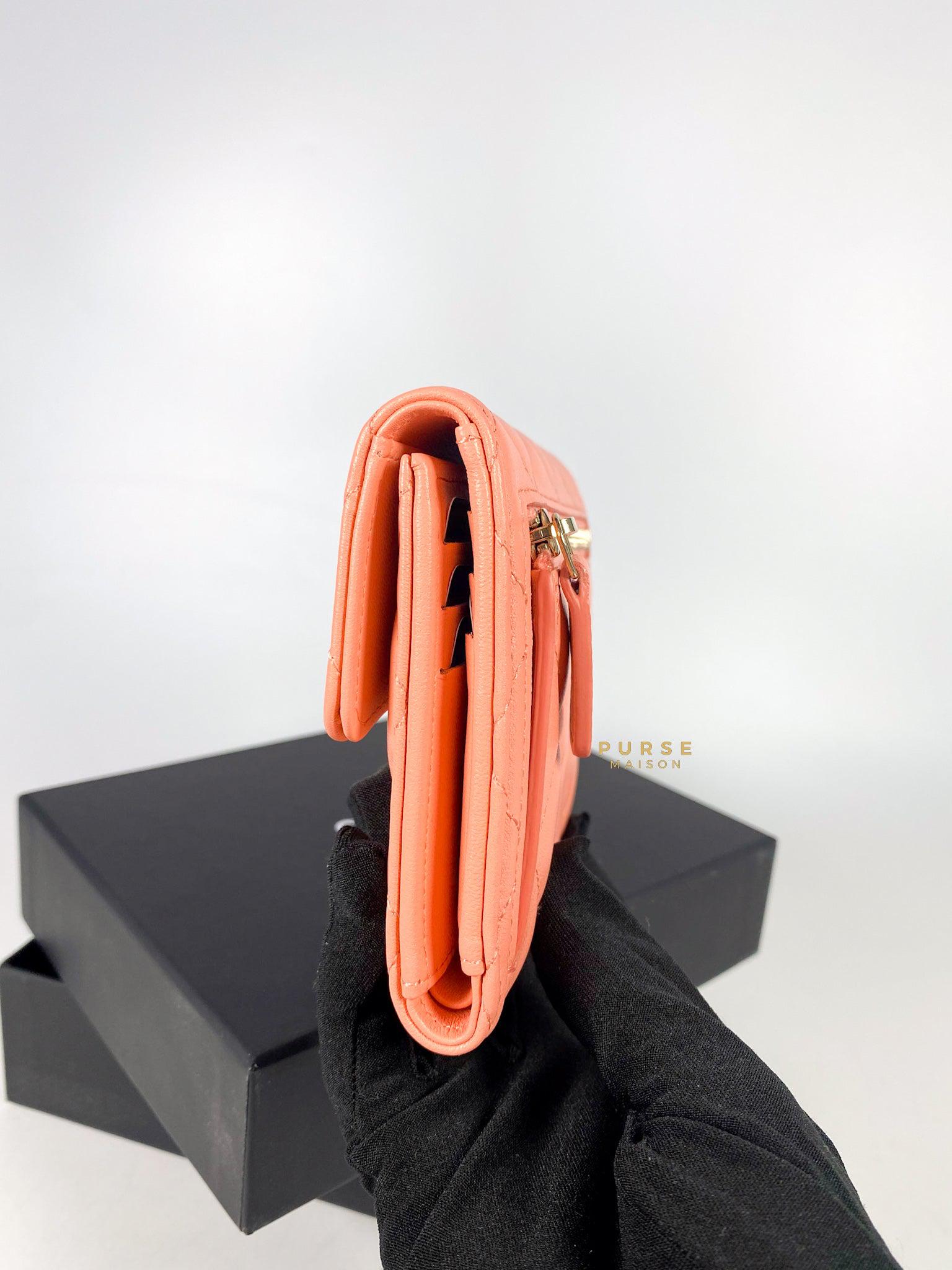 Chanel Classic Compact Wallet Coral Pink Lambskin l and Light Gold Hardware (Microchip)