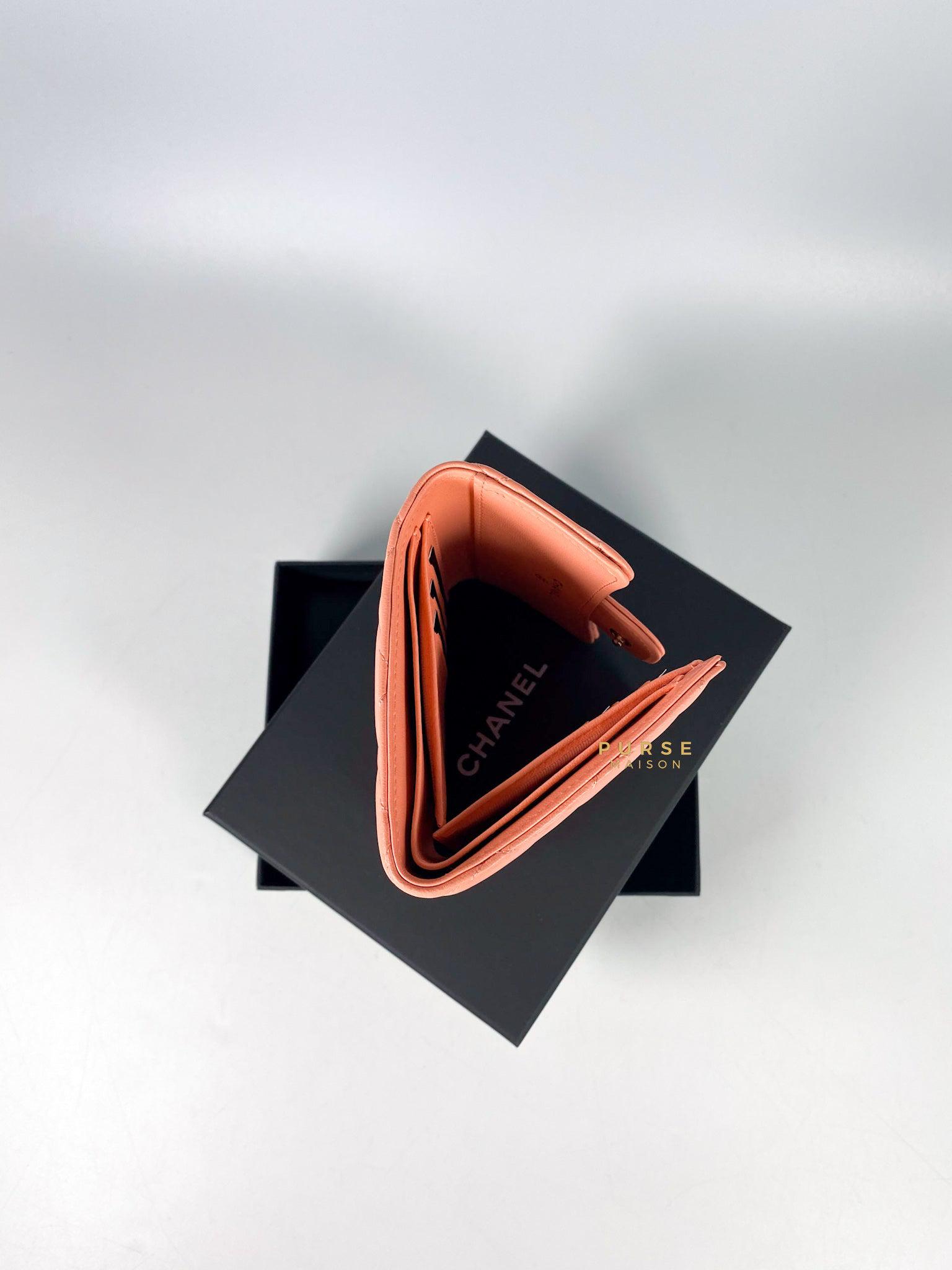 Chanel Classic Compact Wallet Coral Pink Lambskin l and Light Gold Hardware (Microchip)