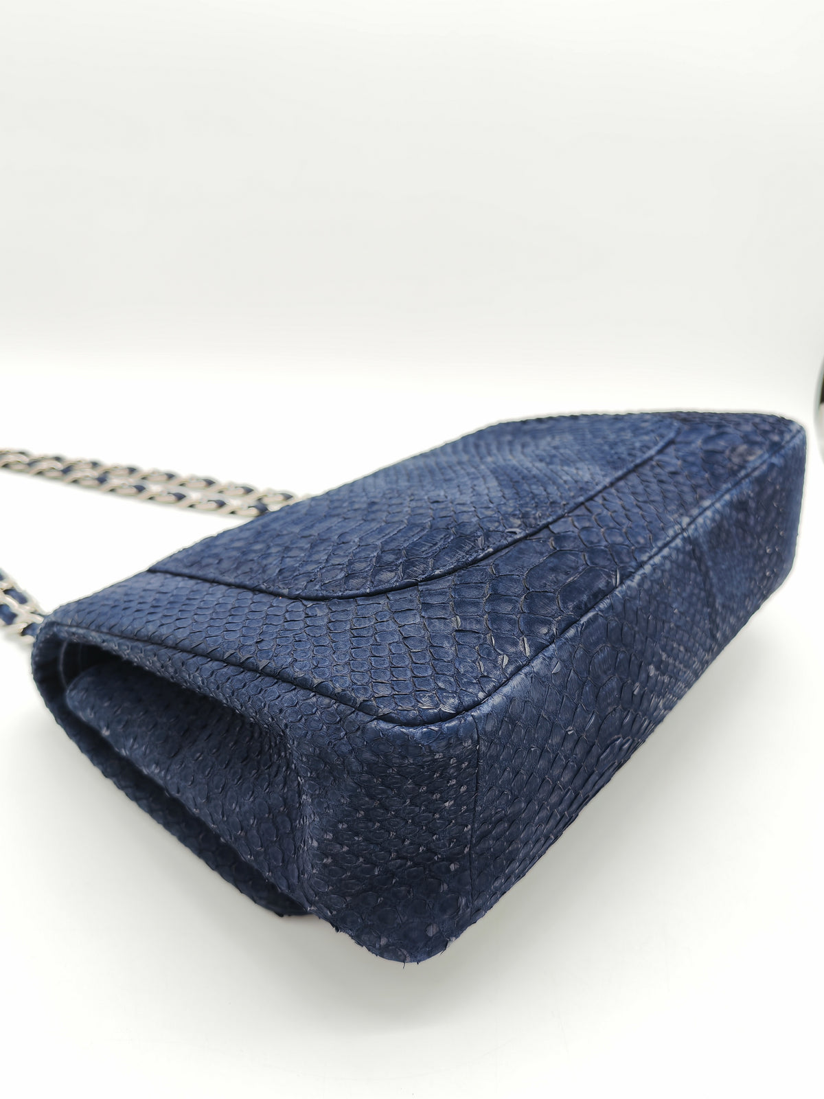 Chanel Classic Double Flap Bag in Navy Python Suede Silver Hardware (Series 14) | Purse Maison Luxury Bags Shop