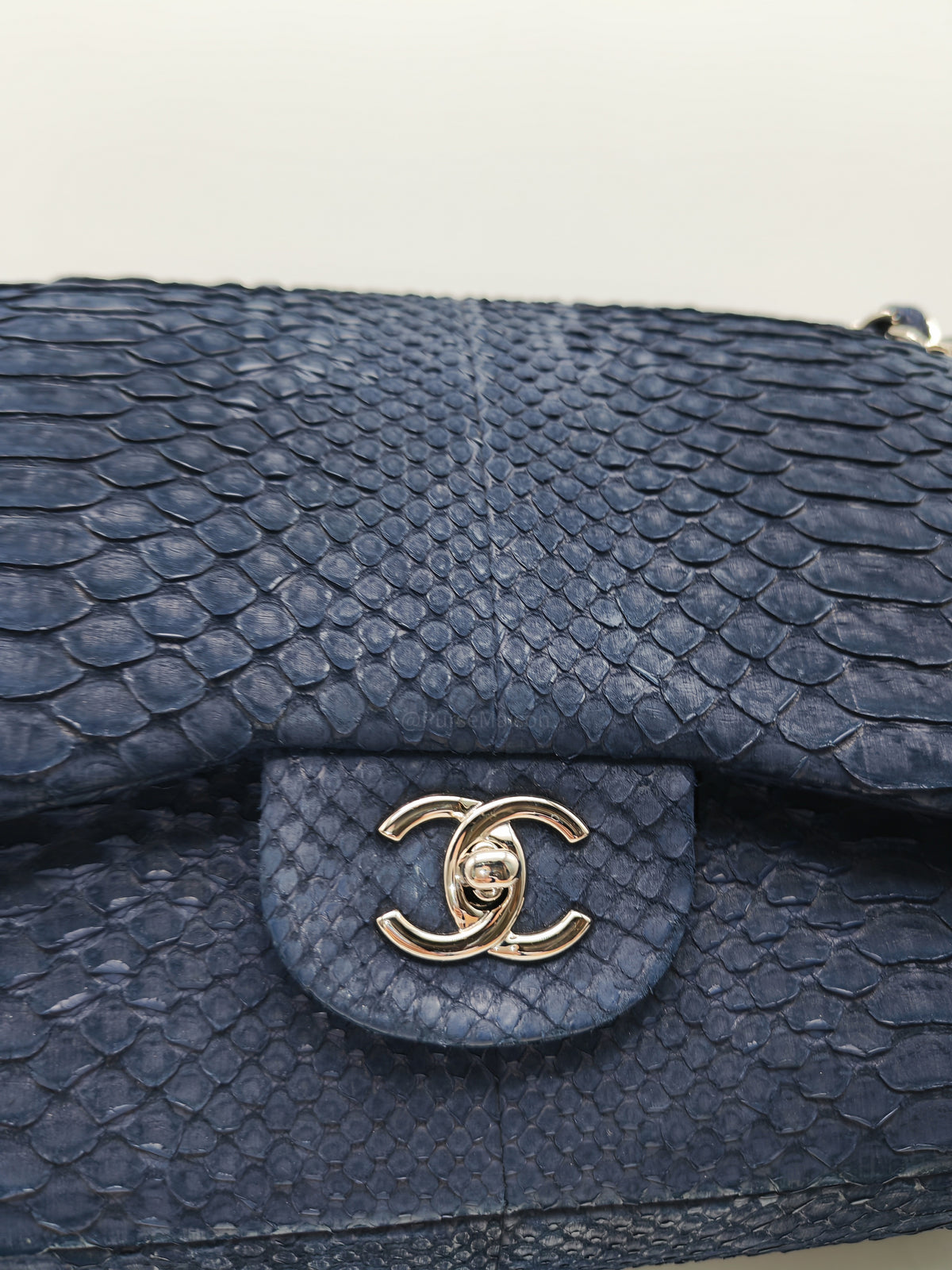 Chanel Classic Double Flap Bag in Navy Python Suede Silver Hardware (Series 14) | Purse Maison Luxury Bags Shop